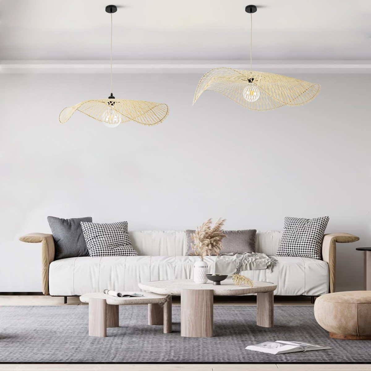 GloboStar® MELEMELE 01841 Boho Κρεμαστό Φωτιστικό Πλέγμα Μονόφωτο 1 x E27 IP20 Μπεζ Ξύλο - Μ75 x Π75 x Υ10cm