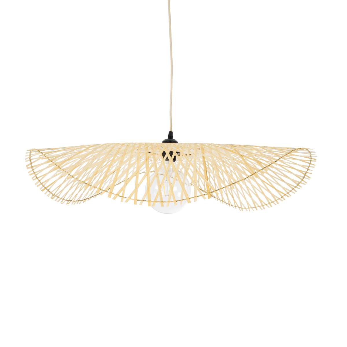 GloboStar® MELEMELE 01841 Boho Κρεμαστό Φωτιστικό Πλέγμα Μονόφωτο 1 x E27 IP20 Μπεζ Ξύλο - Μ75 x Π75 x Υ10cm