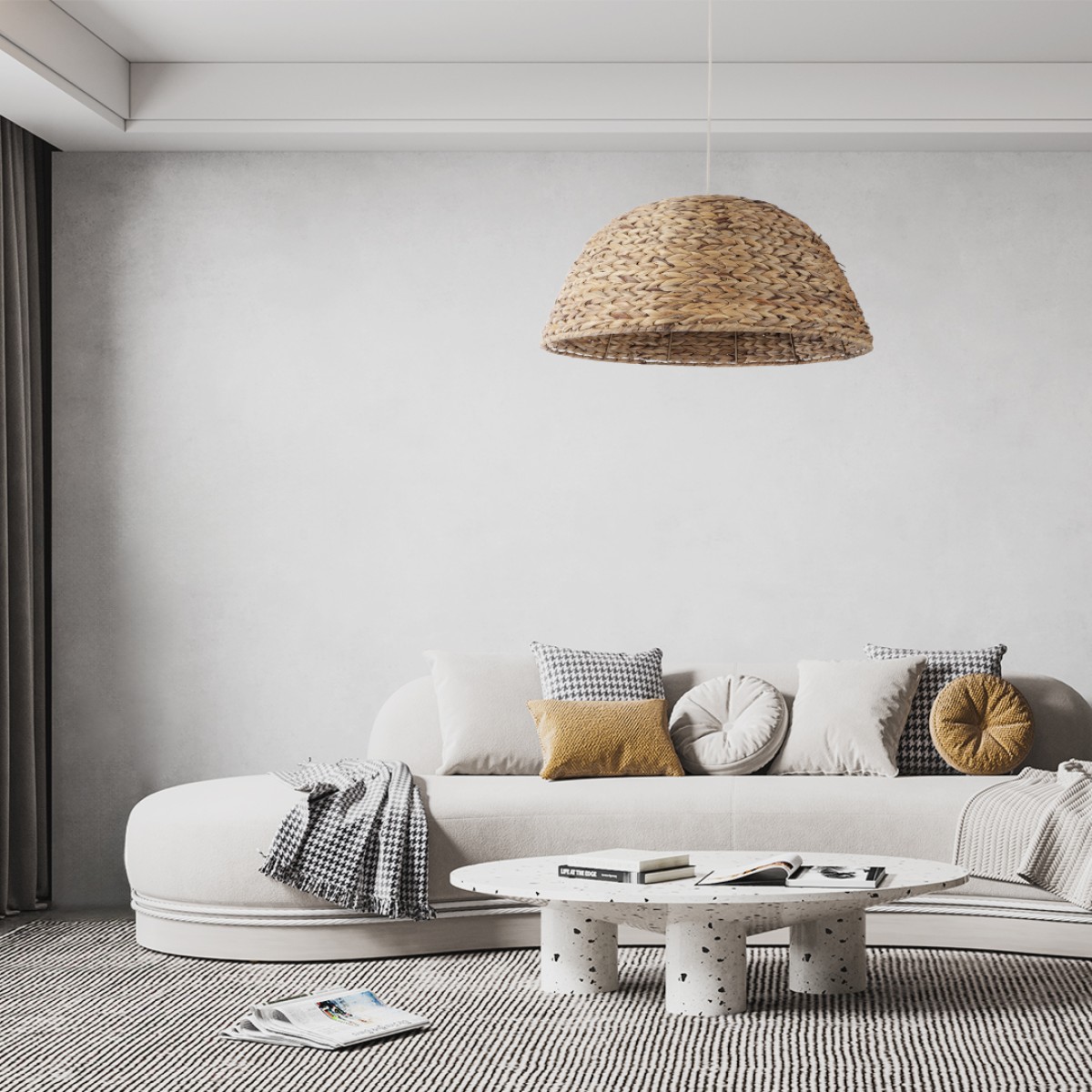 GloboStar® MANGATA 01847 Boho Κρεμαστό Φωτιστικό Καμπάνα Μονόφωτο 1 x E27 IP20 Μπεζ Ξύλο - Μ60 x Π60 x Υ28cm