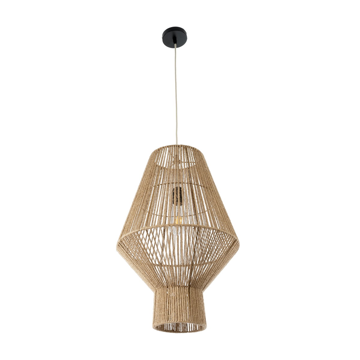 GloboStar® CAYMAN 01853 Boho Κρεμαστό Φωτιστικό Πλέγμα Μονόφωτο 1 x E27 IP20 Μπεζ Σχοινί - Μ40 x Π40 x Υ60cm