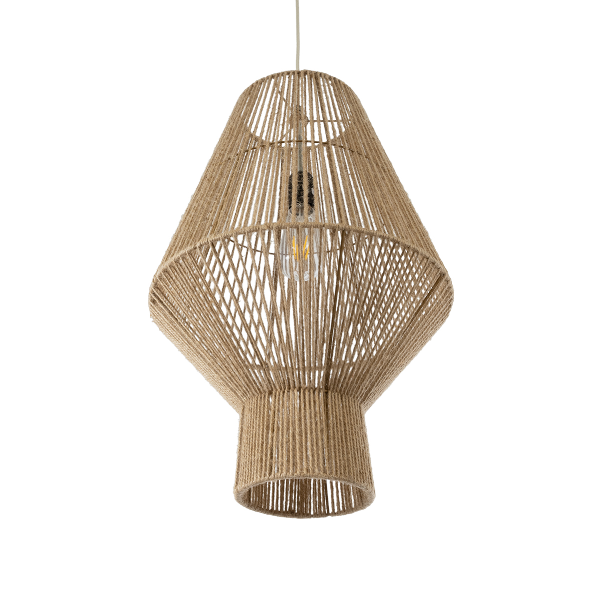 GloboStar® CAYMAN 01853 Boho Κρεμαστό Φωτιστικό Πλέγμα Μονόφωτο 1 x E27 IP20 Μπεζ Σχοινί - Μ40 x Π40 x Υ60cm