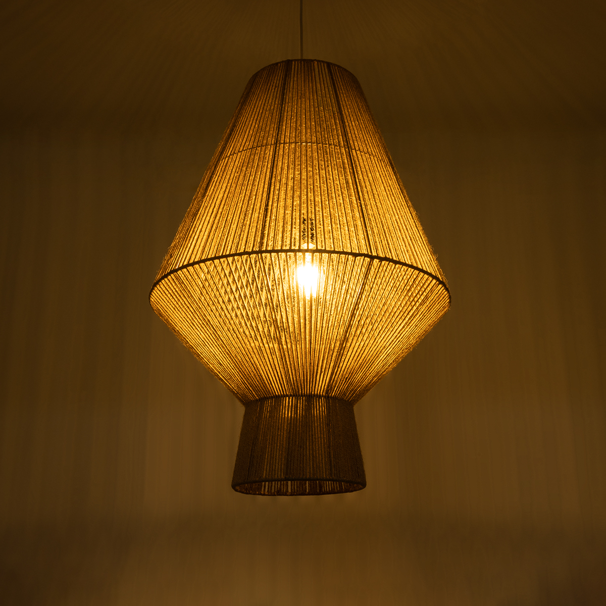 GloboStar® CAYMAN 01854 Boho Κρεμαστό Φωτιστικό Πλέγμα Μονόφωτο 1 x E27 IP20 Μπεζ Σχοινί - Μ60 x Π60 x Υ86cm