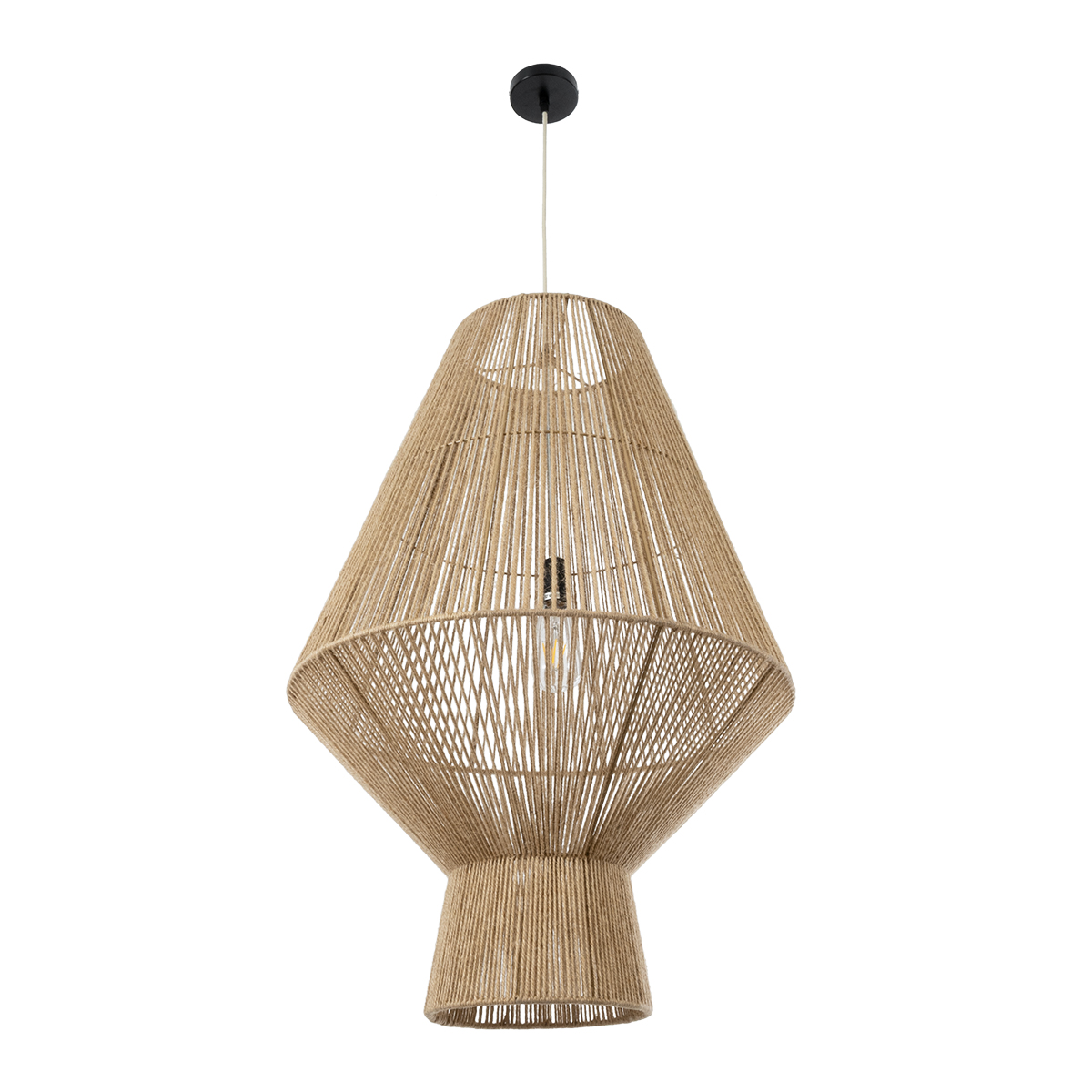 GloboStar® CAYMAN 01854 Boho Κρεμαστό Φωτιστικό Πλέγμα Μονόφωτο 1 x E27 IP20 Μπεζ Σχοινί - Μ60 x Π60 x Υ86cm