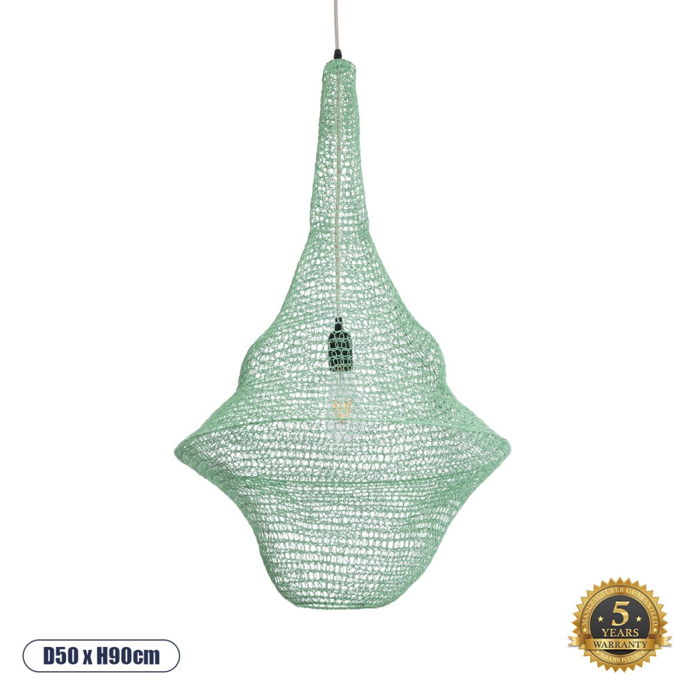 GloboStar® KENTUCKY 01876 Vintage Κρεμαστό Φωτιστικό Πλέγμα Μονόφωτο 1 x E27 IP20 Τιρκουάζ Μέταλλο - Μ50 x Π50 x Υ90cm