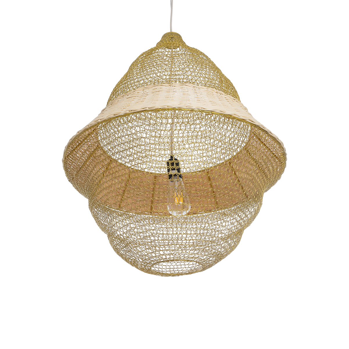 GloboStar® KENTUCKY 01911 Vintage Κρεμαστό Φωτιστικό Πλέγμα Μονόφωτο 1 x E27 IP20 Μπεζ Μέταλλο - Μ60 x Π60 x Υ80cm