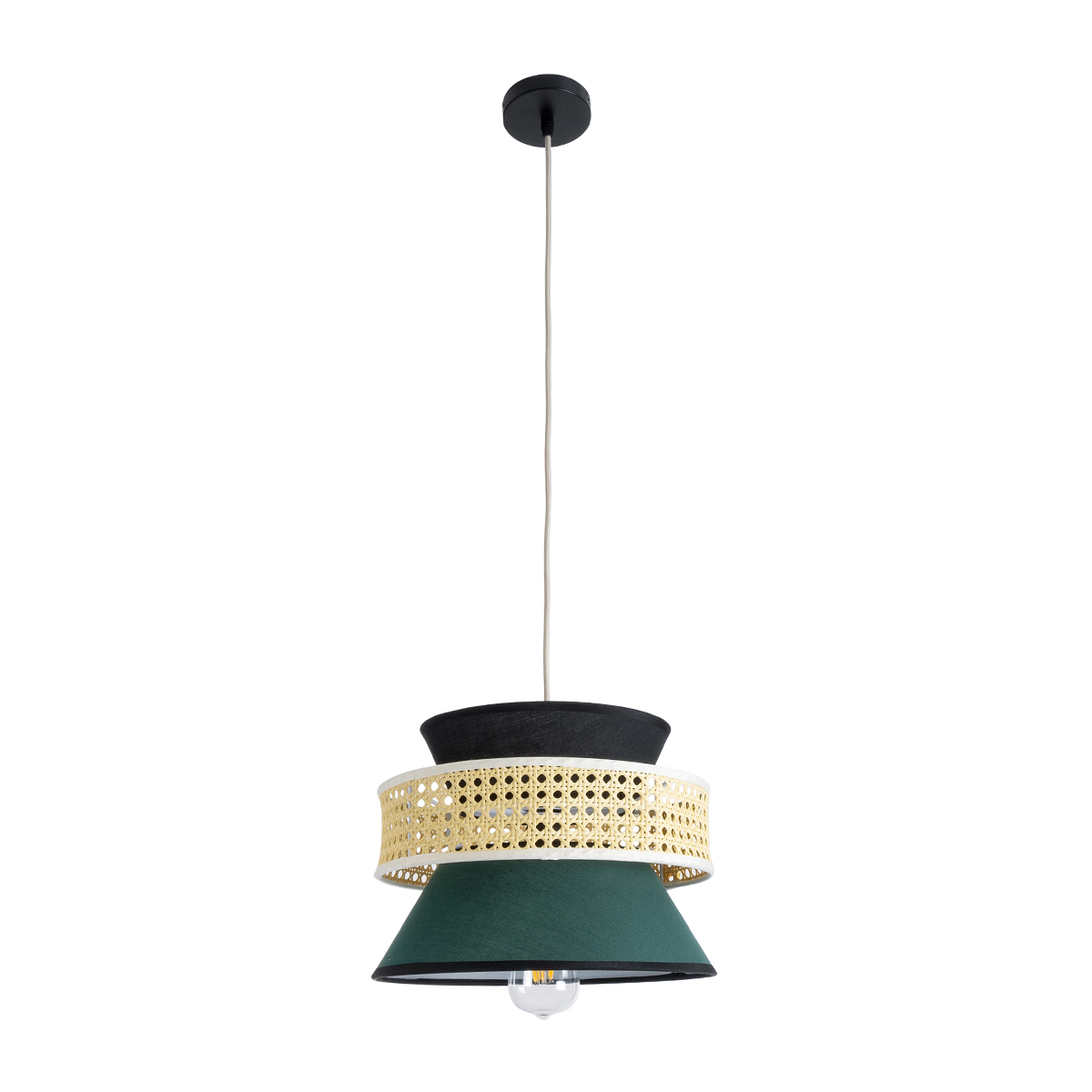 GloboStar® SAIGE 01915 Boho Κρεμαστό Φωτιστικό Πλέγμα Μονόφωτο 1 x E27 IP20 Μπεζ Ξύλο με Μαύρο & Πράσινο Ύφασμα - Μ30 x Π30 x Υ22cm