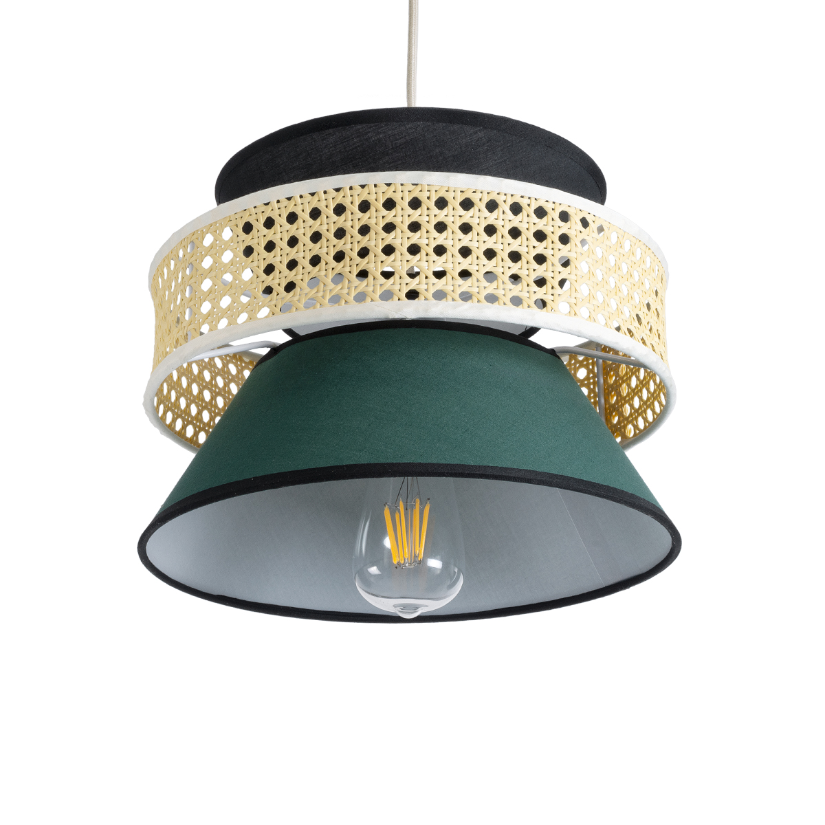 GloboStar® SAIGE 01915 Boho Κρεμαστό Φωτιστικό Πλέγμα Μονόφωτο 1 x E27 IP20 Μπεζ Ξύλο με Μαύρο & Πράσινο Ύφασμα - Μ30 x Π30 x Υ22cm