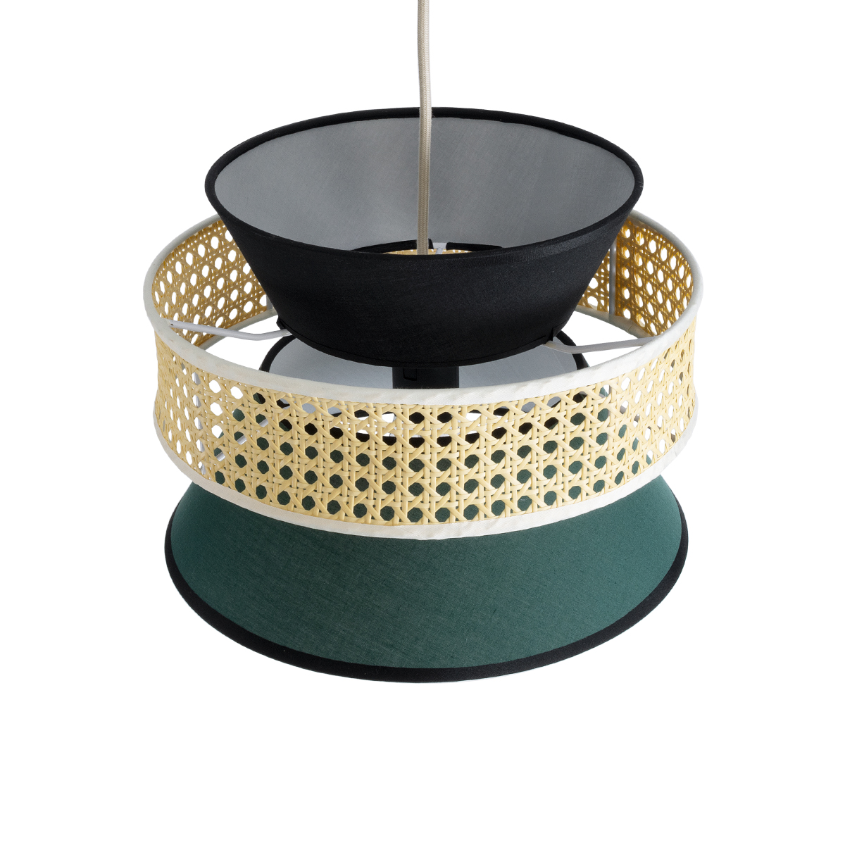 GloboStar® SAIGE 01915 Boho Κρεμαστό Φωτιστικό Πλέγμα Μονόφωτο 1 x E27 IP20 Μπεζ Ξύλο με Μαύρο & Πράσινο Ύφασμα - Μ30 x Π30 x Υ22cm