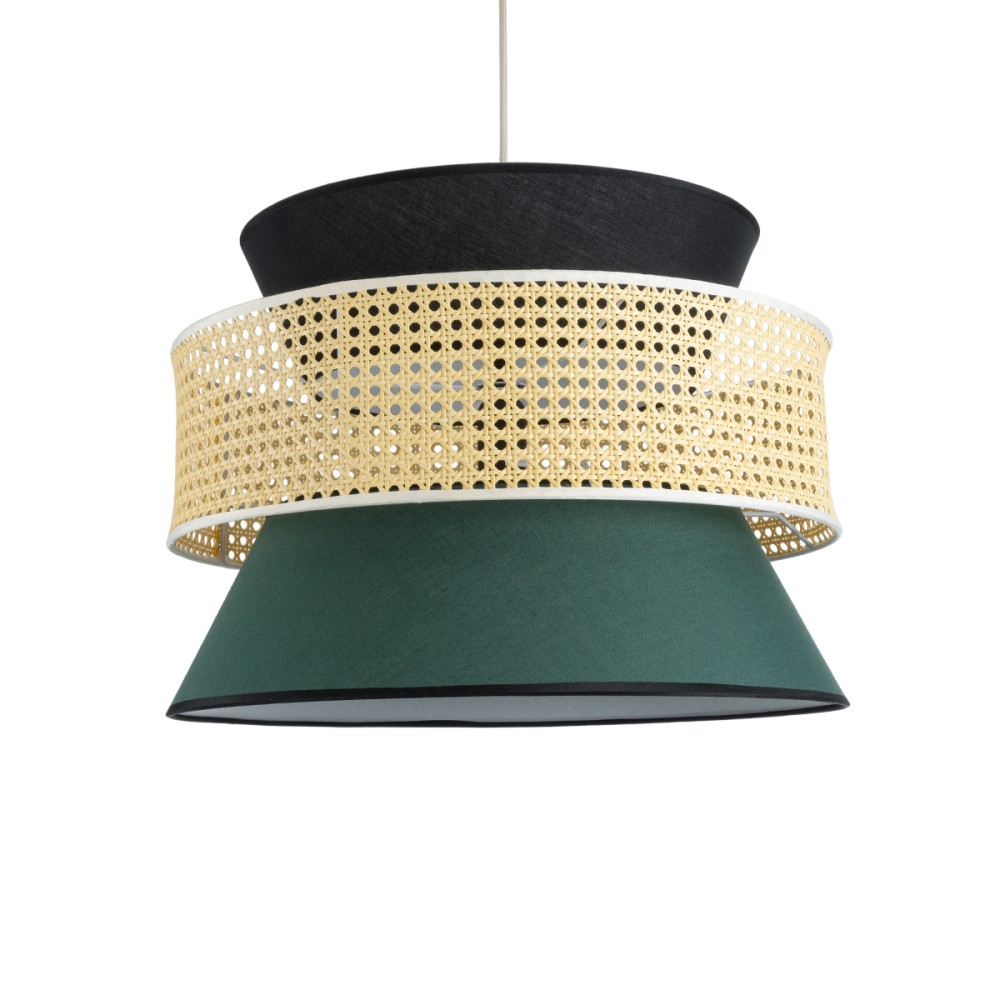 GloboStar® SAIGE 01916 Boho Κρεμαστό Φωτιστικό Πλέγμα Μονόφωτο 1 x E27 IP20 Μπεζ Ξύλο με Μαύρο & Πράσινο Ύφασμα - Μ50 x Π50 x Υ36cm