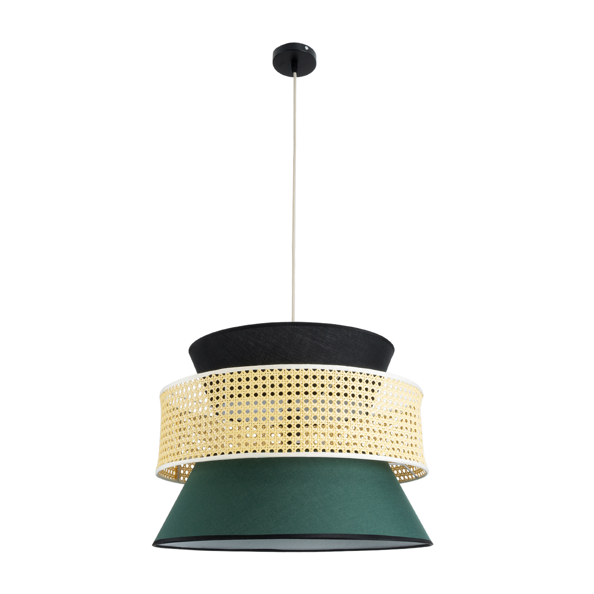 GloboStar® SAIGE 01916 Boho Κρεμαστό Φωτιστικό Πλέγμα Μονόφωτο 1 x E27 IP20 Μπεζ Ξύλο με Μαύρο & Πράσινο Ύφασμα - Μ50 x Π50 x Υ36cm