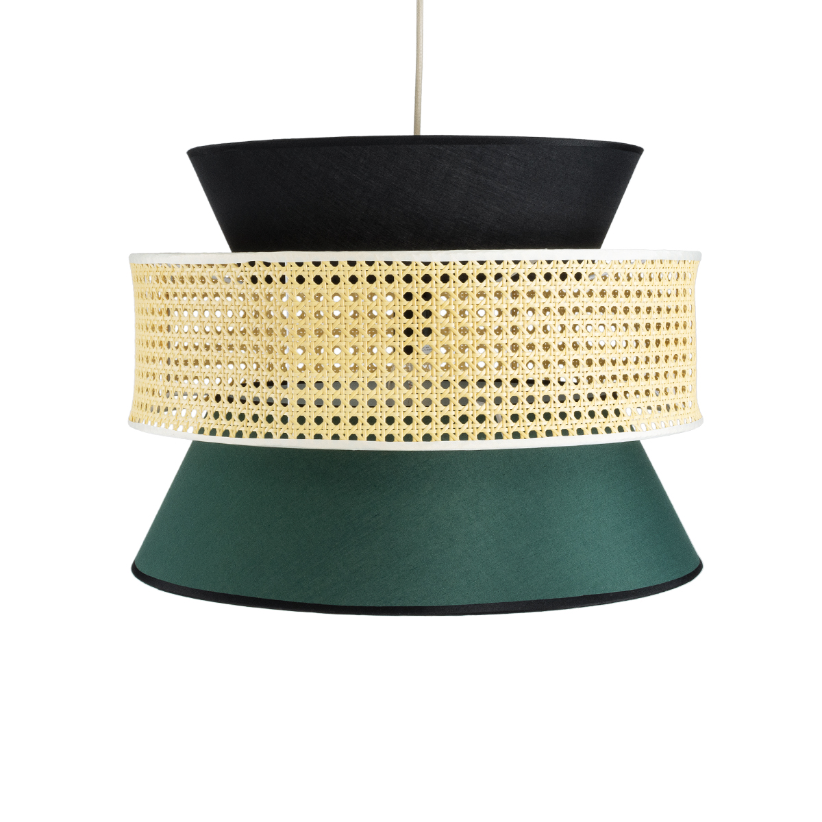 GloboStar® SAIGE 01916 Boho Κρεμαστό Φωτιστικό Πλέγμα Μονόφωτο 1 x E27 IP20 Μπεζ Ξύλο με Μαύρο & Πράσινο Ύφασμα - Μ50 x Π50 x Υ36cm