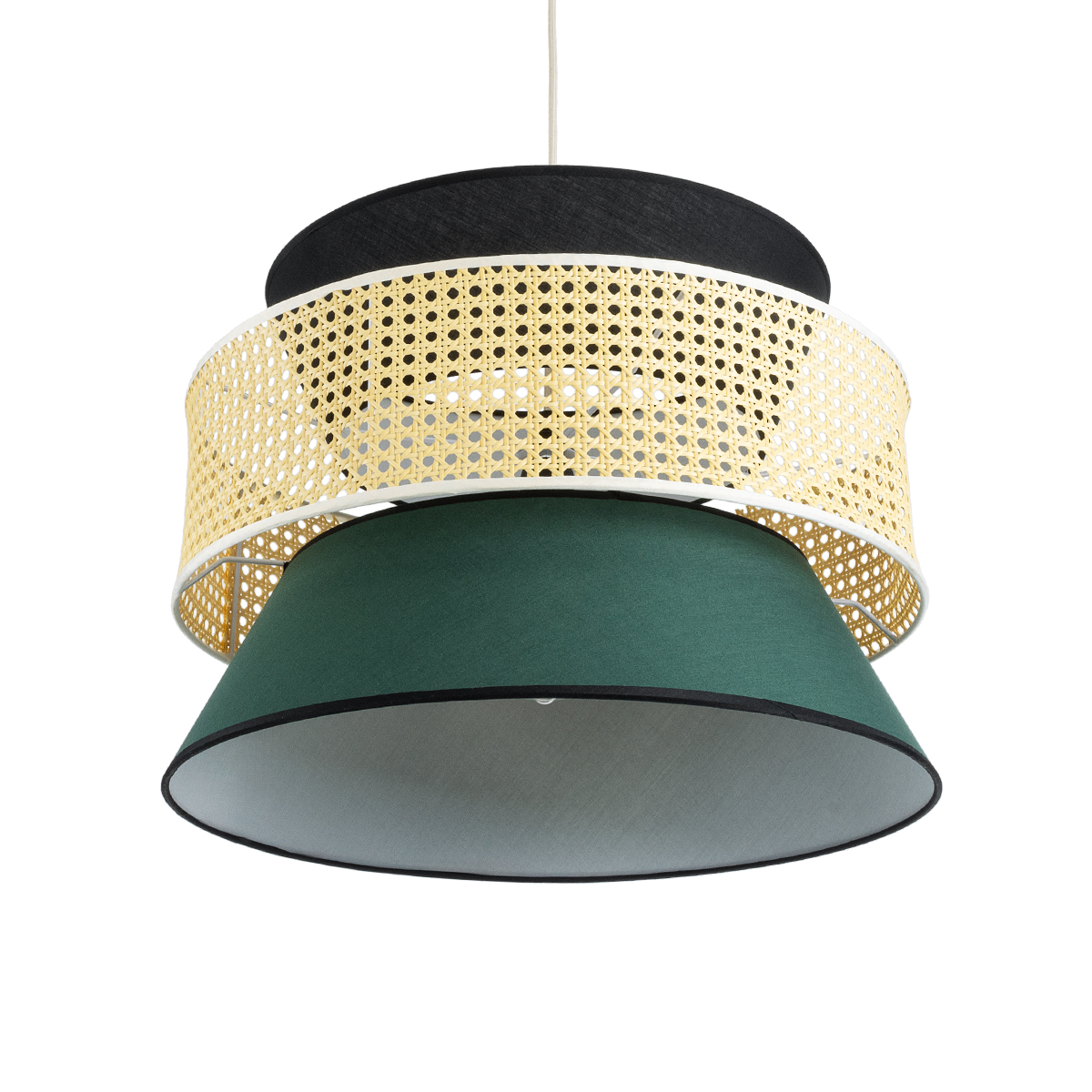 GloboStar® SAIGE 01916 Boho Κρεμαστό Φωτιστικό Πλέγμα Μονόφωτο 1 x E27 IP20 Μπεζ Ξύλο με Μαύρο & Πράσινο Ύφασμα - Μ50 x Π50 x Υ36cm