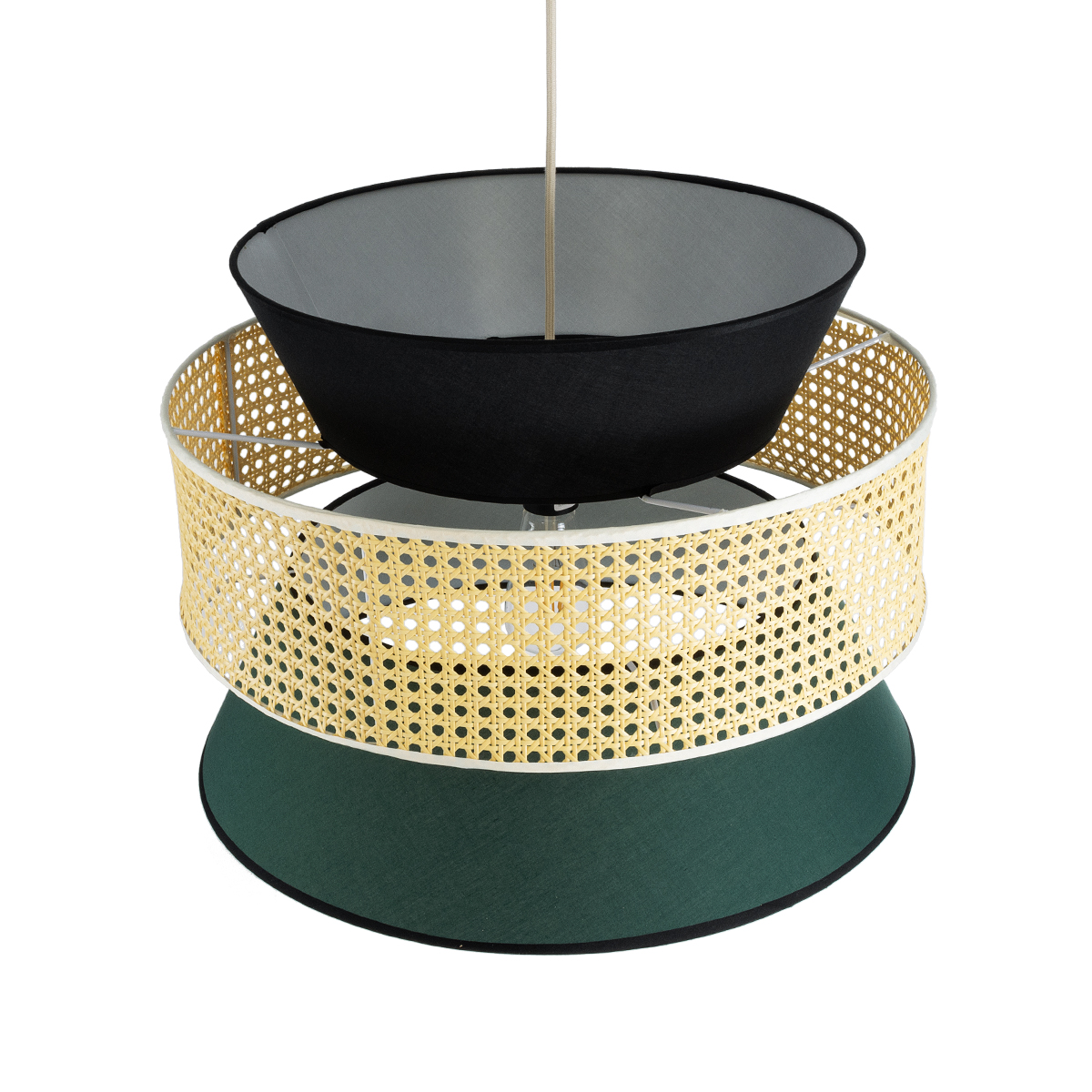GloboStar® SAIGE 01916 Boho Κρεμαστό Φωτιστικό Πλέγμα Μονόφωτο 1 x E27 IP20 Μπεζ Ξύλο με Μαύρο & Πράσινο Ύφασμα - Μ50 x Π50 x Υ36cm