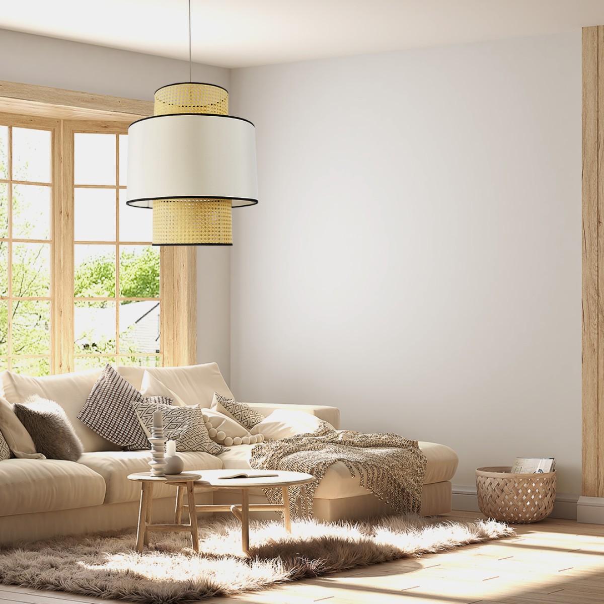 GloboStar® SAIGE 01917 Boho Κρεμαστό Φωτιστικό Πλέγμα Μονόφωτο 1 x E27 IP20 Μπεζ Ξύλο με Μπεζ & Μαύρο Ύφασμα - Μ50 x Π50 x Υ60cm