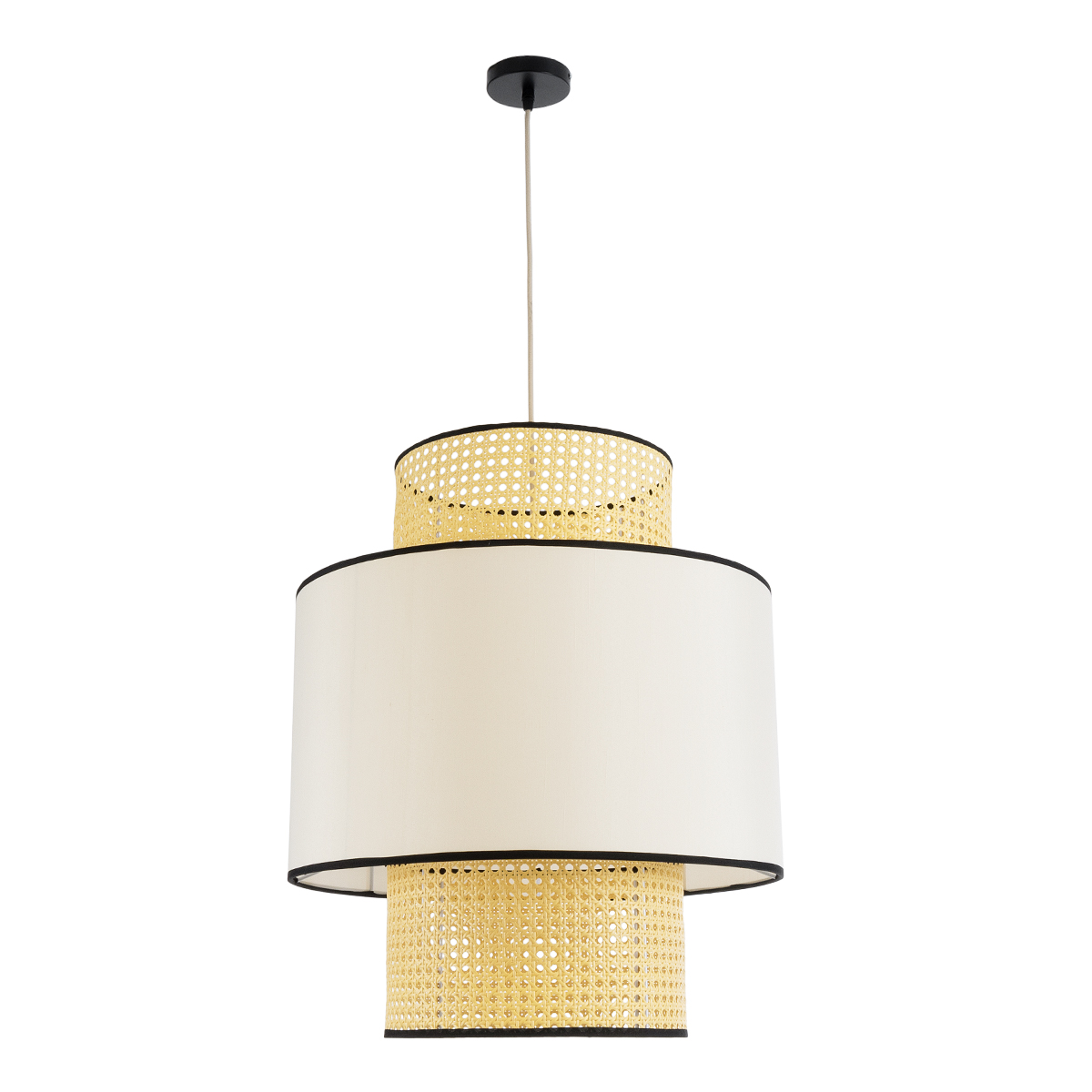 GloboStar® SAIGE 01917 Boho Κρεμαστό Φωτιστικό Πλέγμα Μονόφωτο 1 x E27 IP20 Μπεζ Ξύλο με Μπεζ & Μαύρο Ύφασμα - Μ50 x Π50 x Υ60cm