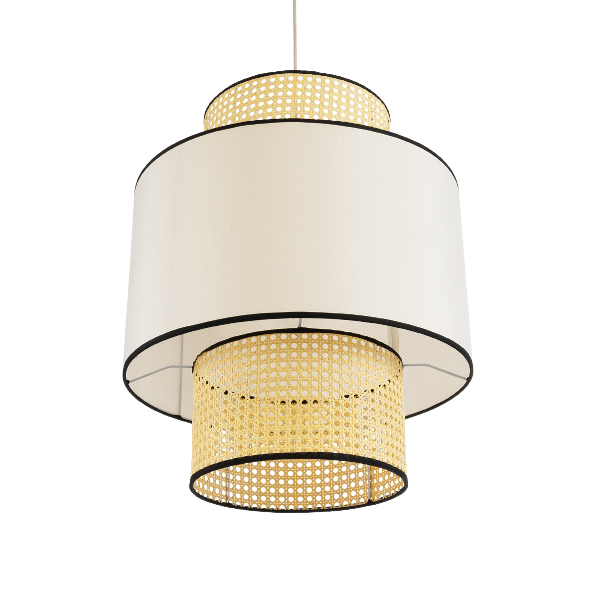 GloboStar® SAIGE 01917 Boho Κρεμαστό Φωτιστικό Πλέγμα Μονόφωτο 1 x E27 IP20 Μπεζ Ξύλο με Μπεζ & Μαύρο Ύφασμα - Μ50 x Π50 x Υ60cm