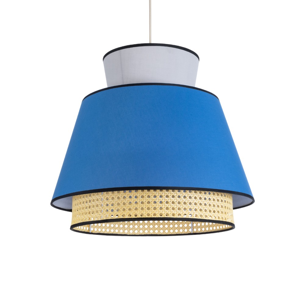 GloboStar® SAIGE 01918 Boho Κρεμαστό Φωτιστικό Πλέγμα Μονόφωτο 1 x E27 IP20 Μπεζ Ξύλο με Μπλε & Γκρι Ύφασμα - Μ50 x Π50 x Υ45cm