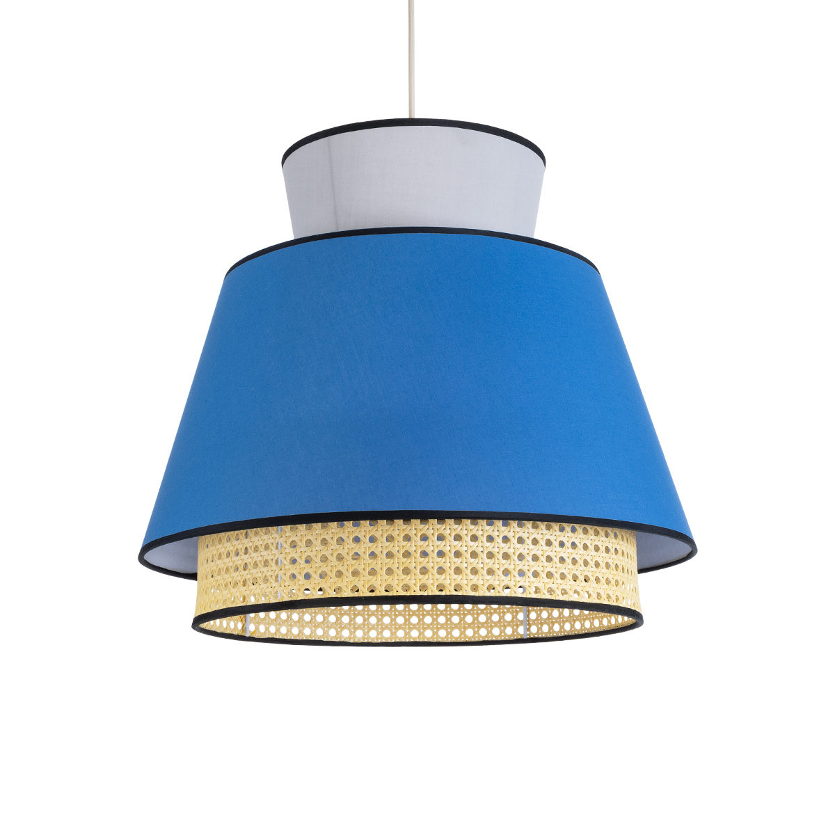 GloboStar® SAIGE 01918 Boho Κρεμαστό Φωτιστικό Πλέγμα Μονόφωτο 1 x E27 IP20 Μπεζ Ξύλο με Μπλε & Γκρι Ύφασμα - Μ50 x Π50 x Υ45cm
