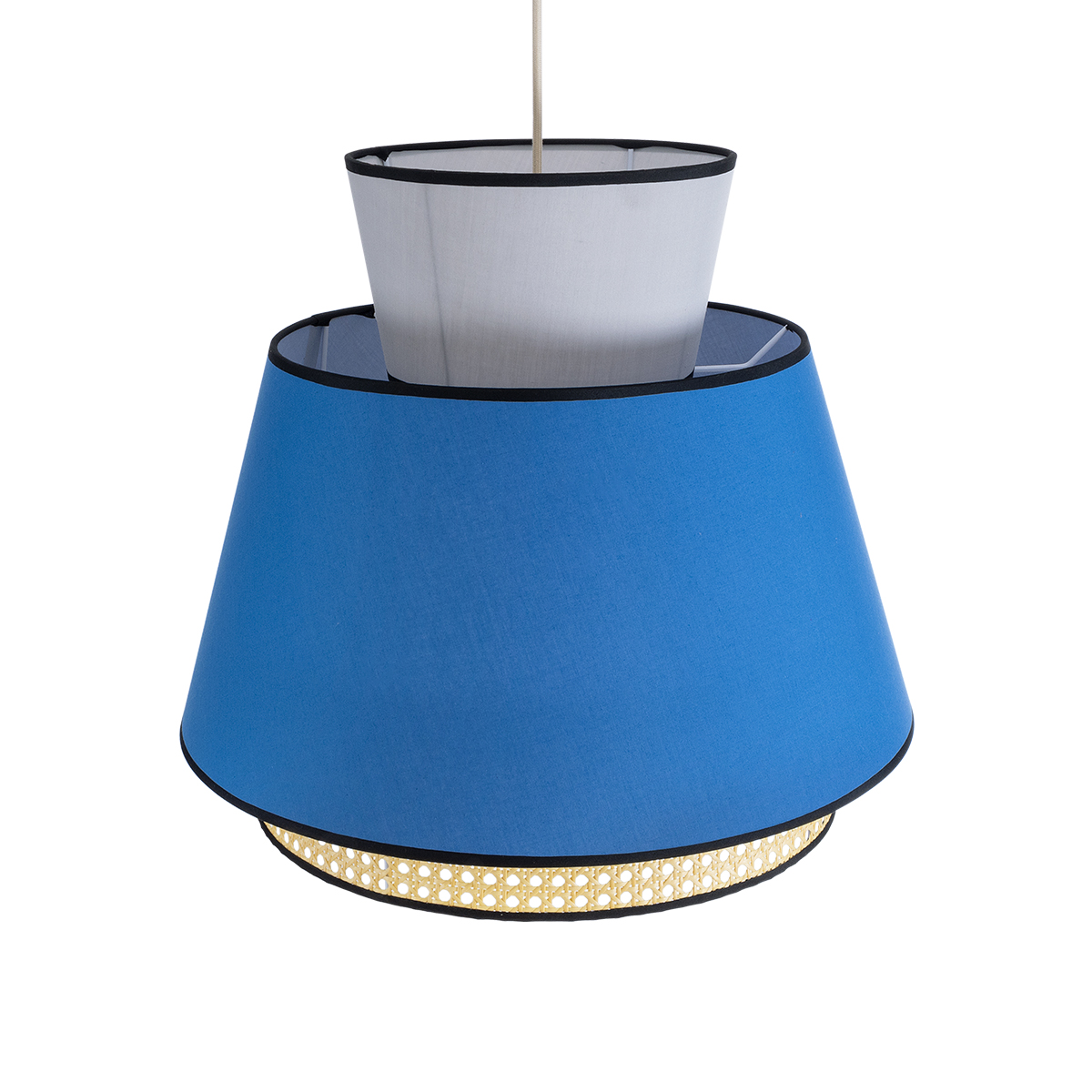GloboStar® SAIGE 01918 Boho Κρεμαστό Φωτιστικό Πλέγμα Μονόφωτο 1 x E27 IP20 Μπεζ Ξύλο με Μπλε & Γκρι Ύφασμα - Μ50 x Π50 x Υ45cm