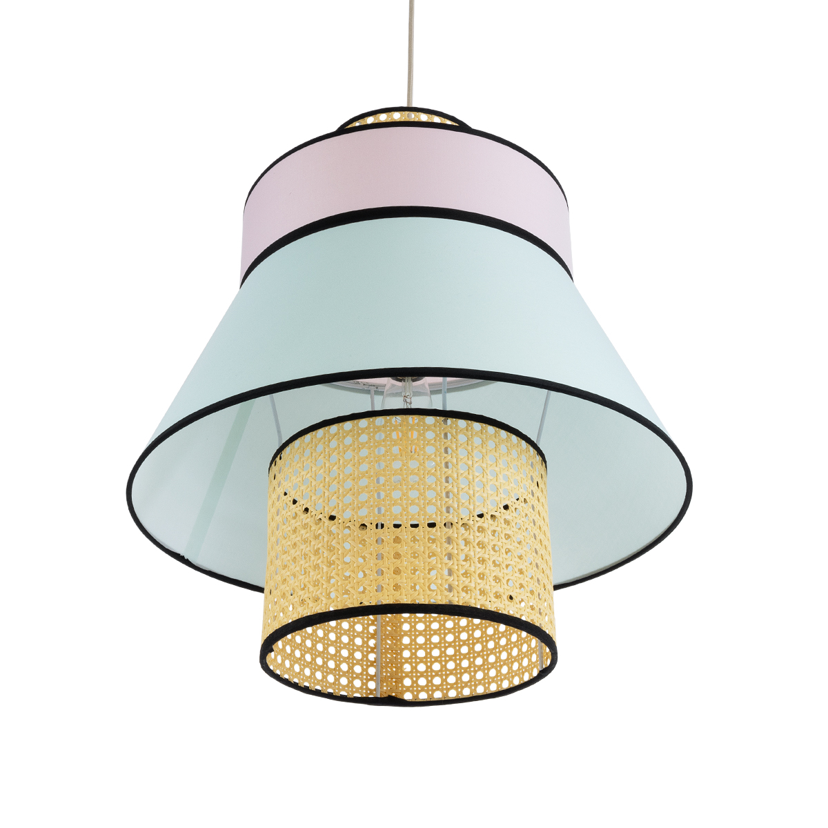 GloboStar® SAIGE 01920 Boho Κρεμαστό Φωτιστικό Πλέγμα Μονόφωτο 1 x E27 IP20 Μπεζ Ξύλο με Πολύχρωμο Ύφασμα - Μ50 x Π50 x Υ54cm