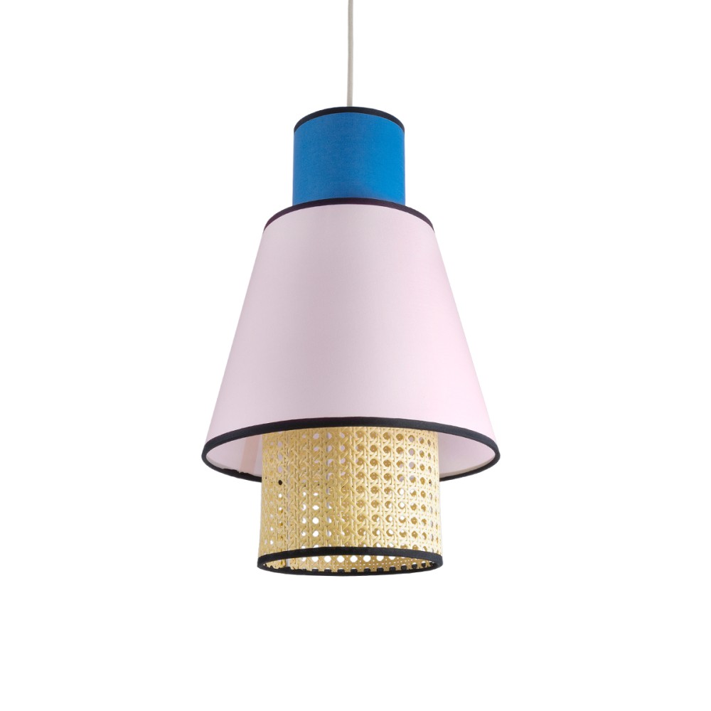 GloboStar® SAIGE 01921 Boho Κρεμαστό Φωτιστικό Πλέγμα Μονόφωτο 1 x E27 IP20 Μπεζ Ξύλο με Μπλε & Ροζ Ύφασμα - Μ30 x Π30 x Υ48cm