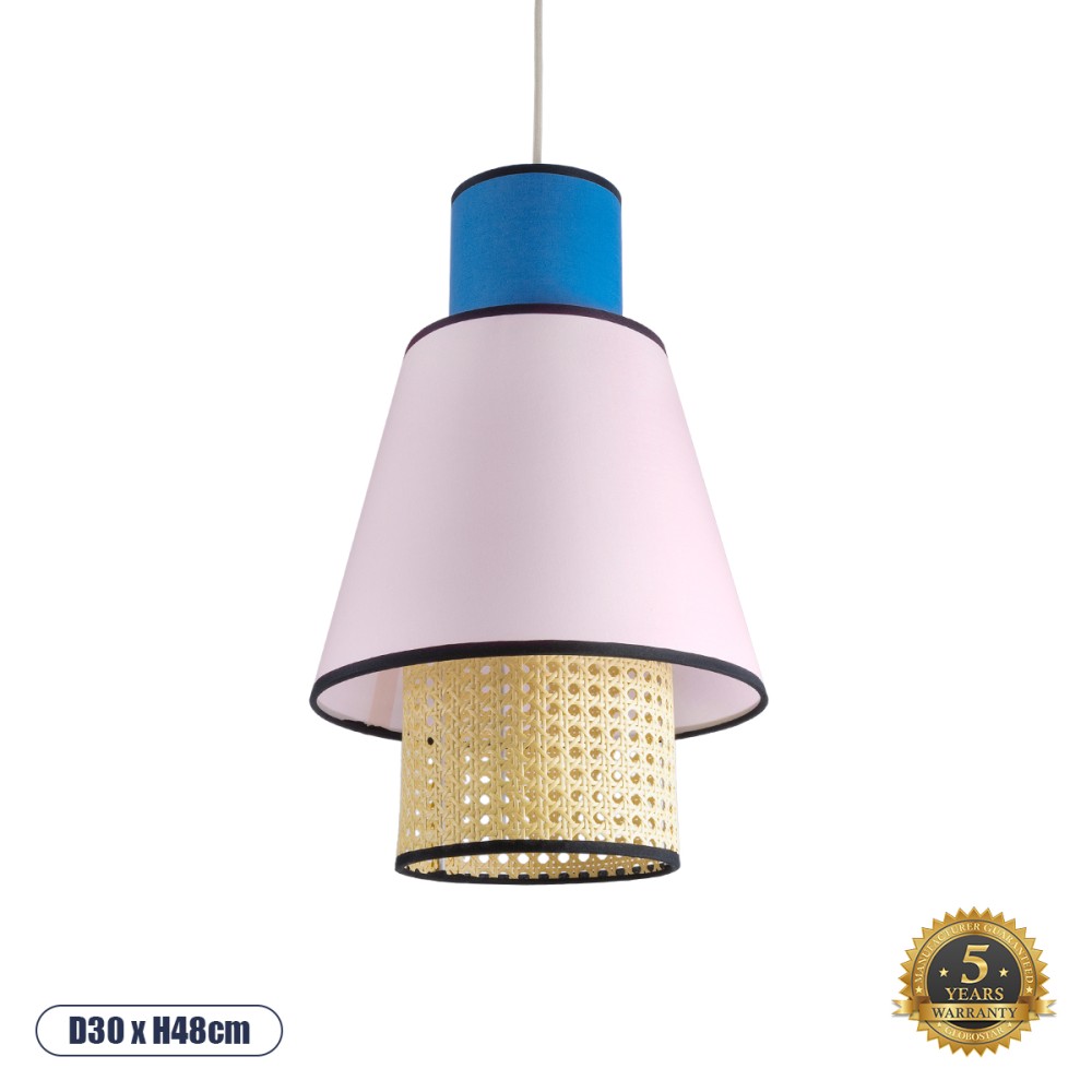GloboStar® SAIGE 01921 Boho Κρεμαστό Φωτιστικό Πλέγμα Μονόφωτο 1 x E27 IP20 Μπεζ Ξύλο με Μπλε & Ροζ Ύφασμα - Μ30 x Π30 x Υ48cm