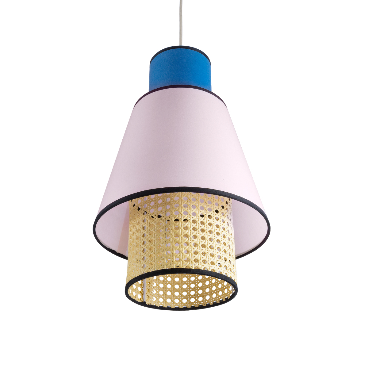 GloboStar® SAIGE 01921 Boho Κρεμαστό Φωτιστικό Πλέγμα Μονόφωτο 1 x E27 IP20 Μπεζ Ξύλο με Μπλε & Ροζ Ύφασμα - Μ30 x Π30 x Υ48cm