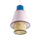 GloboStar® SAIGE 01921 Boho Κρεμαστό Φωτιστικό Πλέγμα Μονόφωτο 1 x E27 IP20 Μπεζ Ξύλο με Μπλε & Ροζ Ύφασμα - Μ30 x Π30 x Υ48cm