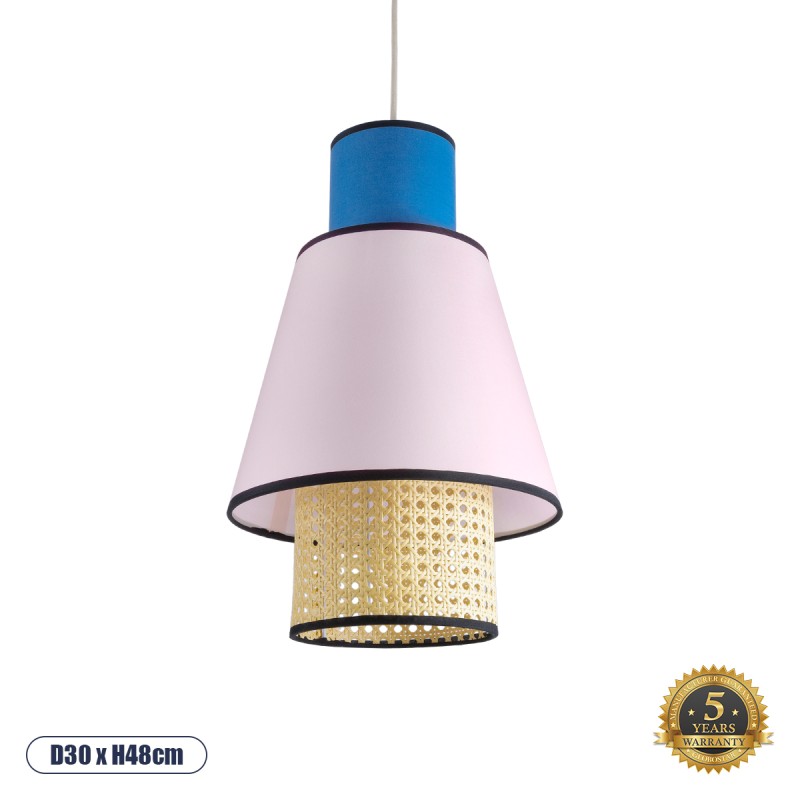 GloboStar® SAIGE 01921 Boho Κρεμαστό Φωτιστικό Πλέγμα Μονόφωτο 1 x E27 IP20 Μπεζ Ξύλο με Μπλε & Ροζ Ύφασμα - Μ30 x Π30 x Υ48cm