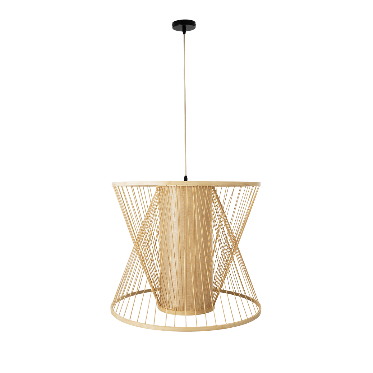 GloboStar® HIBISCUS 01925 Boho Κρεμαστό Φωτιστικό Πλέγμα Μονόφωτο 1 x E27 IP20 Μπεζ Ξύλο - Μ60 x Π60 x Υ50cm