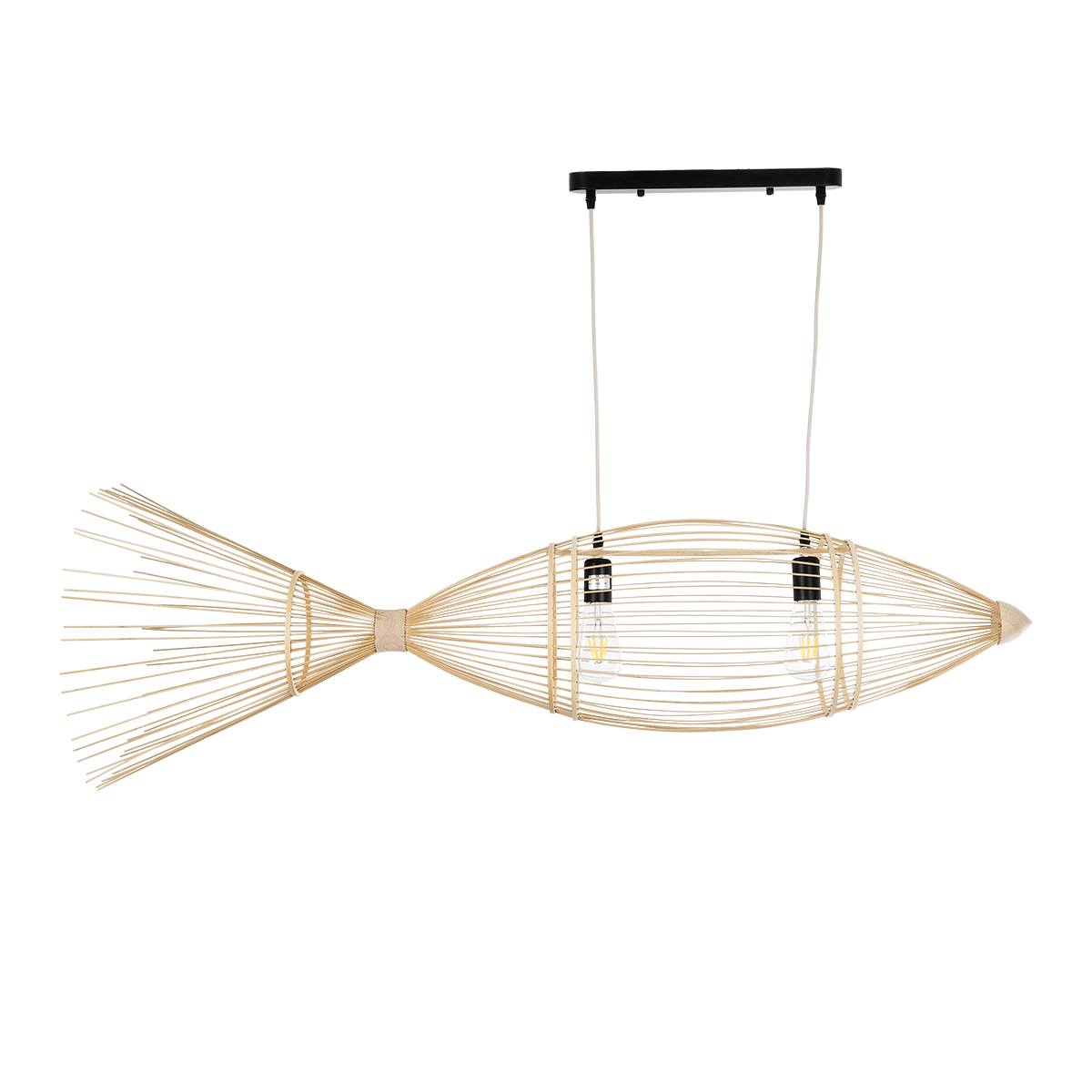 GloboStar® FISH 01927 Μοντέρνο Κρεμαστό Φωτιστικό Πλέγμα Δίφωτο 2 x E27 IP20 Μπεζ Ξύλο - Μ130 x Π42 x Υ42cm