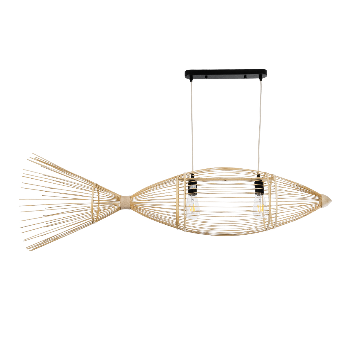 GloboStar® FISH 01927 Μοντέρνο Κρεμαστό Φωτιστικό Πλέγμα Δίφωτο 2 x E27 IP20 Μπεζ Ξύλο - Μ130 x Π42 x Υ42cm