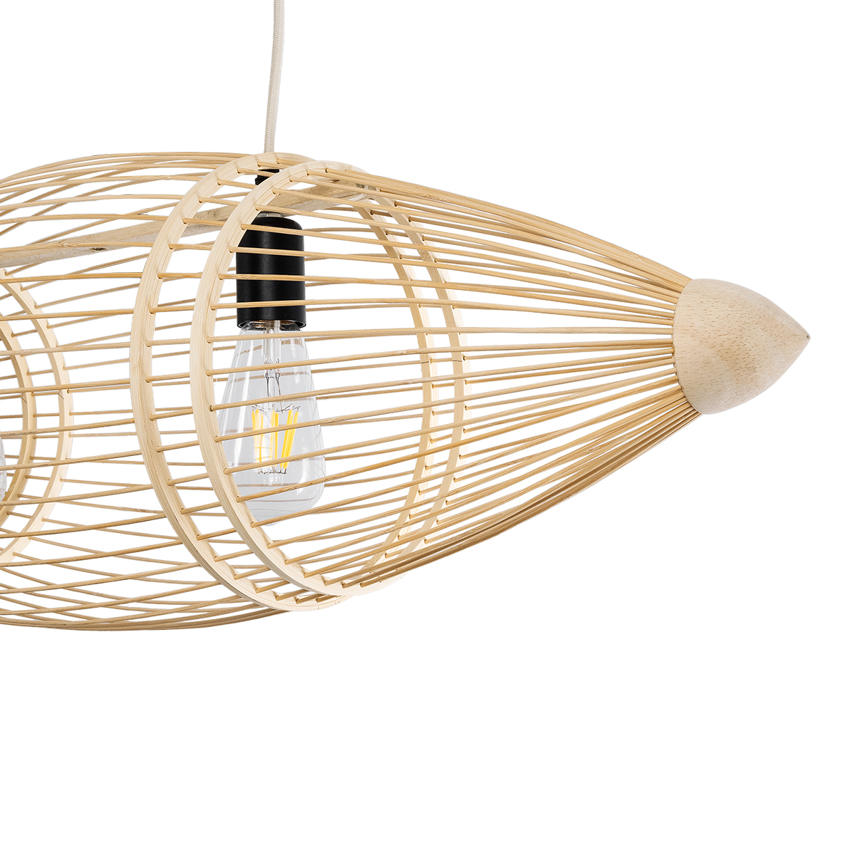 GloboStar® FISH 01927 Μοντέρνο Κρεμαστό Φωτιστικό Πλέγμα Δίφωτο 2 x E27 IP20 Μπεζ Ξύλο - Μ130 x Π42 x Υ42cm