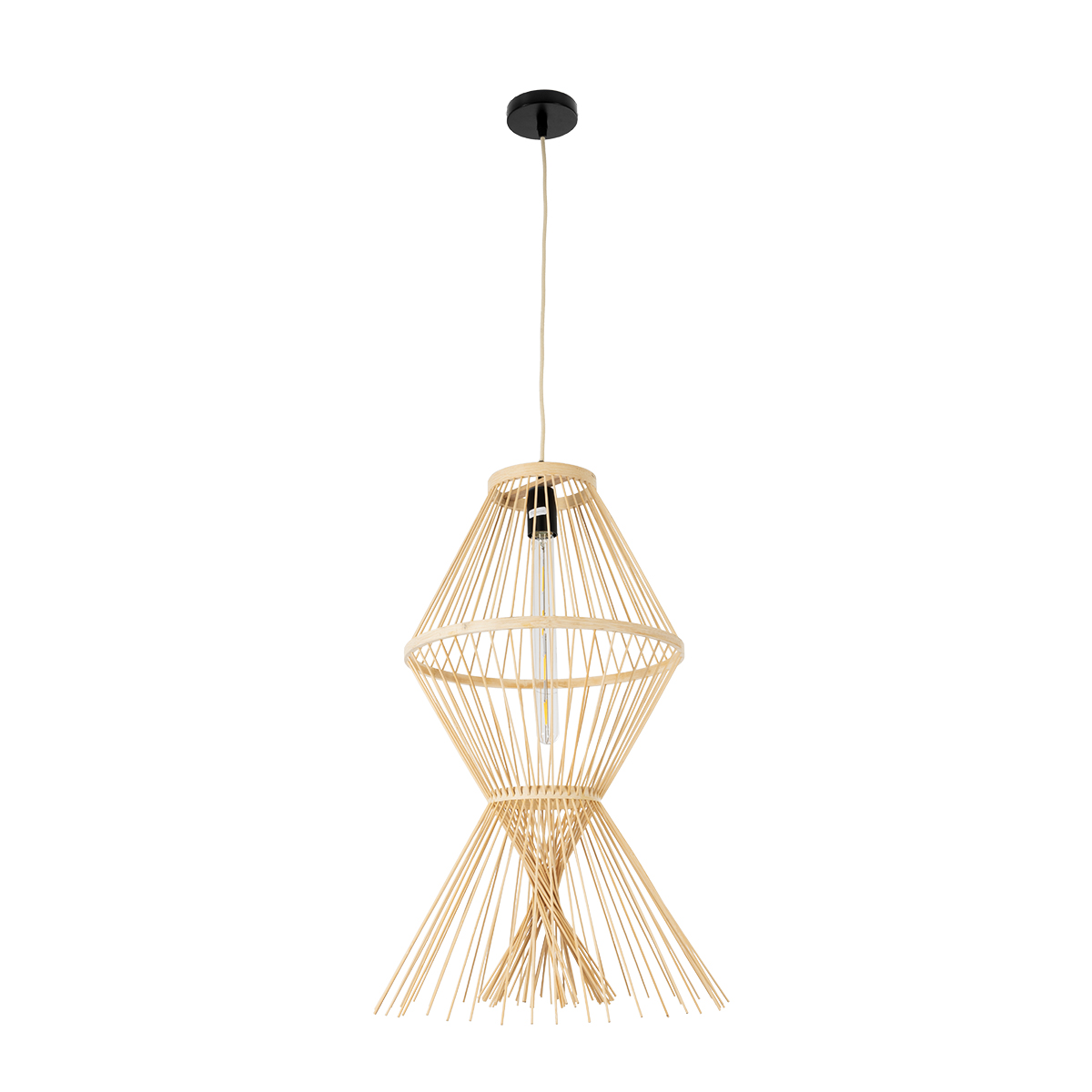 GloboStar® YOSHI 01928 Boho Κρεμαστό Φωτιστικό Πλέγμα Μονόφωτο 1 x E27 IP20 Μπεζ Ξύλο - Μ35 x Π35 x Υ60cm