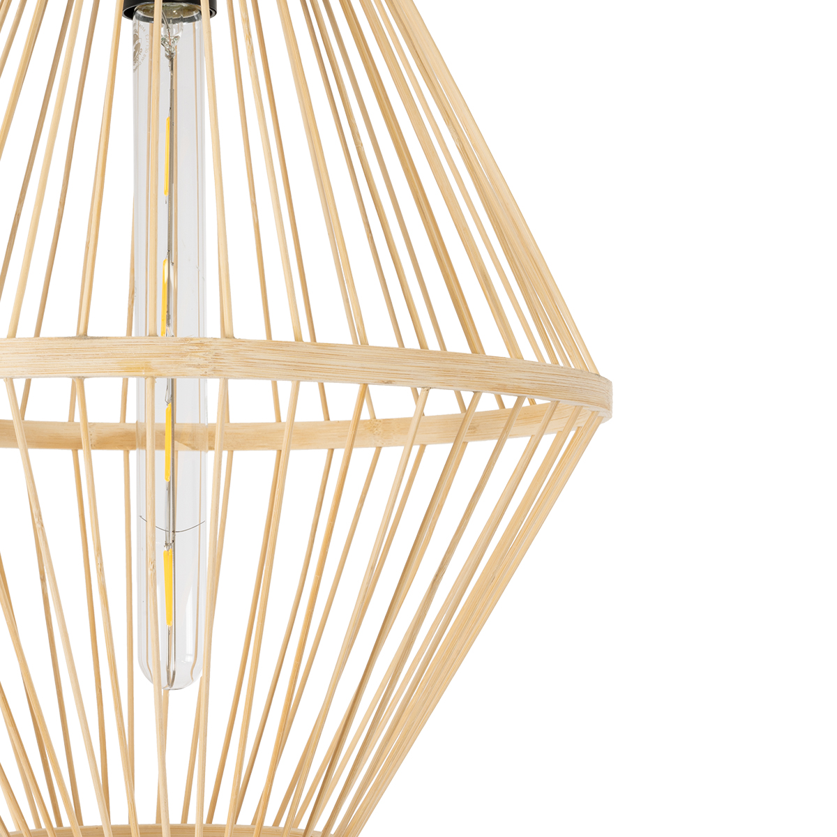 GloboStar® YOSHI 01928 Boho Κρεμαστό Φωτιστικό Πλέγμα Μονόφωτο 1 x E27 IP20 Μπεζ Ξύλο - Μ35 x Π35 x Υ60cm