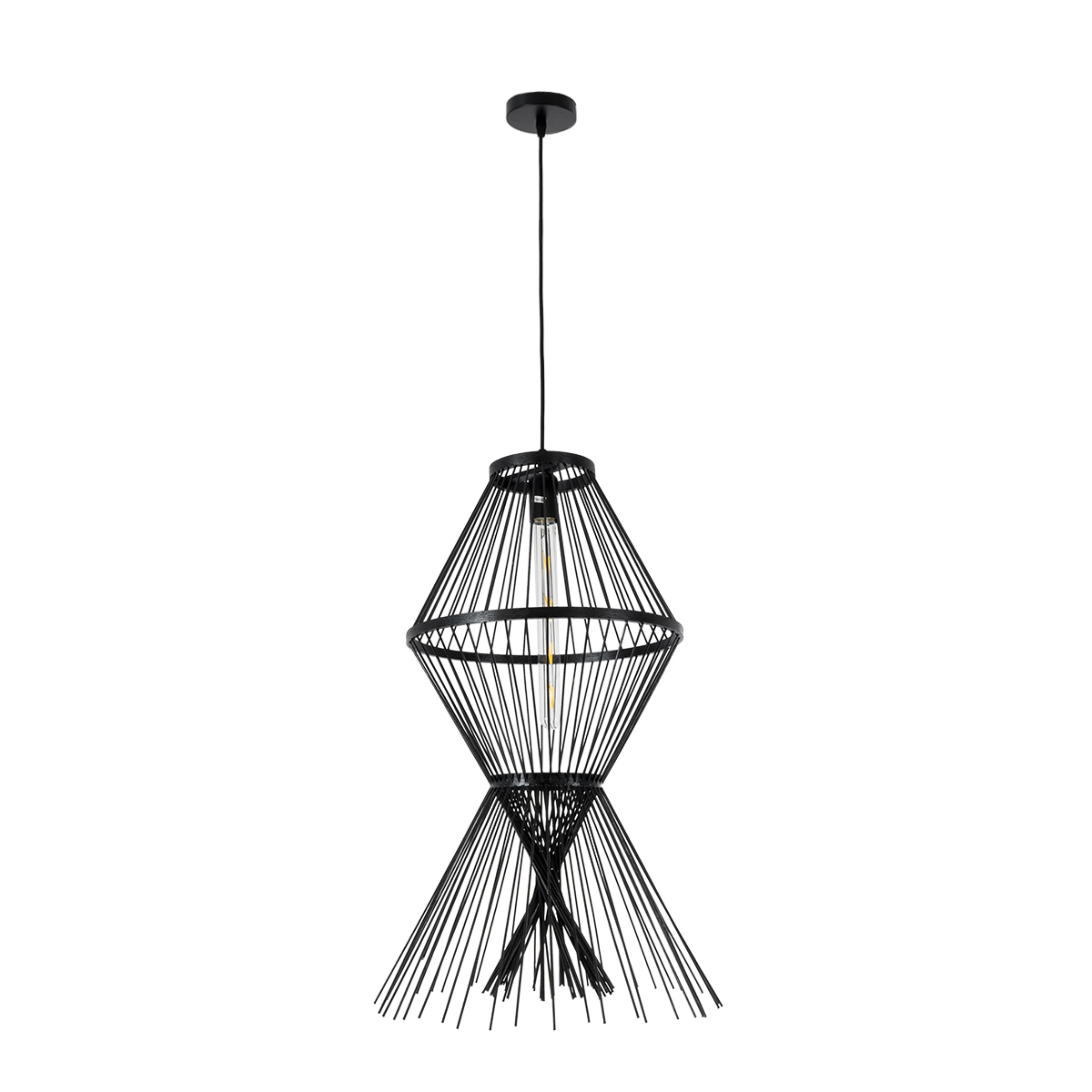 GloboStar® YOSHI 01929 Boho Κρεμαστό Φωτιστικό Πλέγμα Μονόφωτο 1 x E27 IP20 Μαύρο Ξύλο - Μ35 x Π35 x Υ60cm