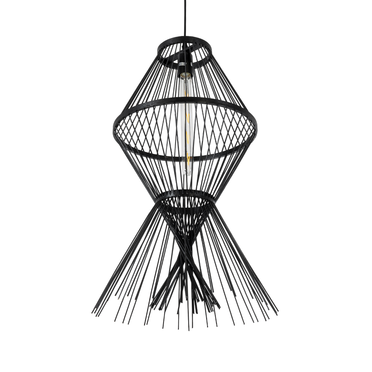 GloboStar® YOSHI 01929 Boho Κρεμαστό Φωτιστικό Πλέγμα Μονόφωτο 1 x E27 IP20 Μαύρο Ξύλο - Μ35 x Π35 x Υ60cm