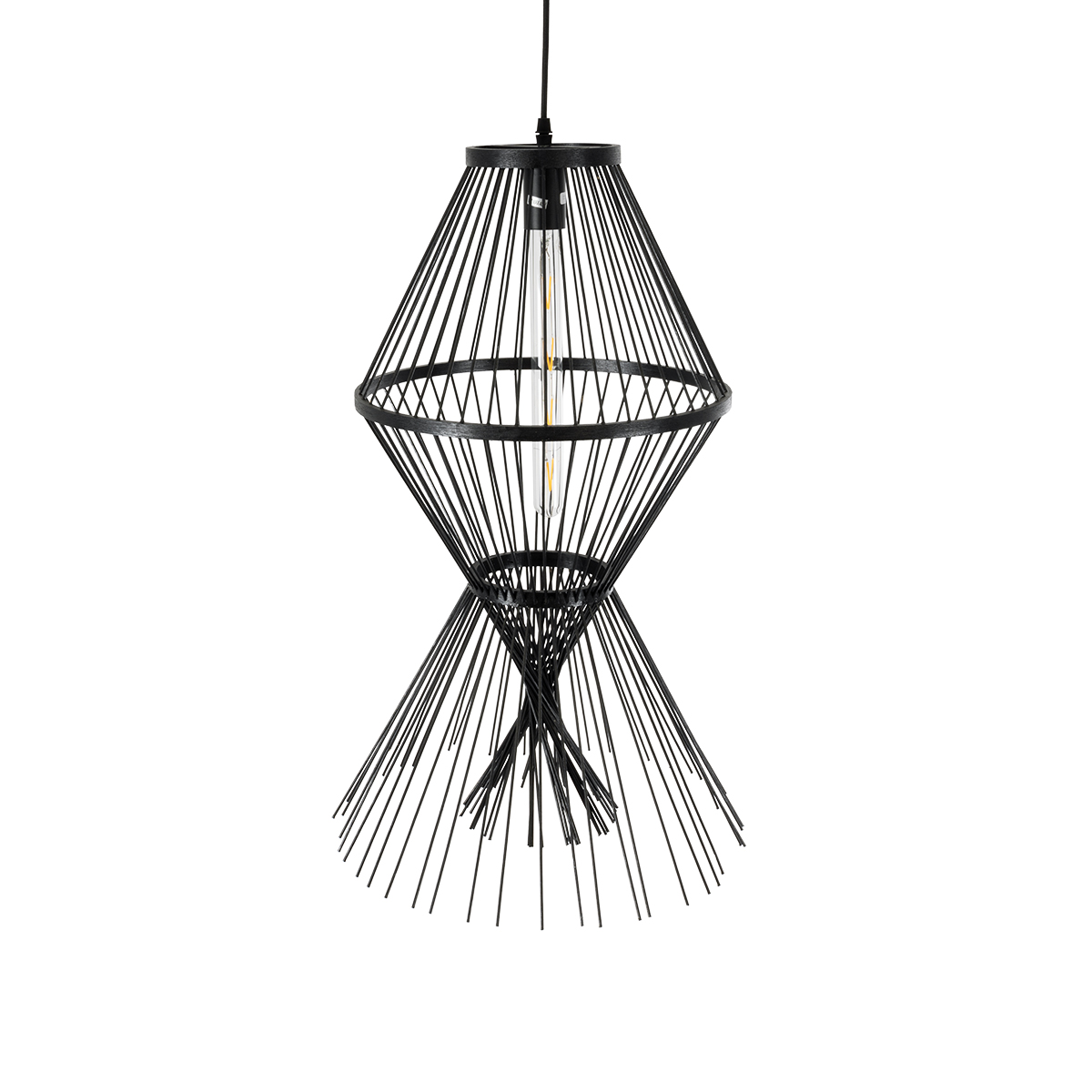 GloboStar® YOSHI 01929 Boho Κρεμαστό Φωτιστικό Πλέγμα Μονόφωτο 1 x E27 IP20 Μαύρο Ξύλο - Μ35 x Π35 x Υ60cm