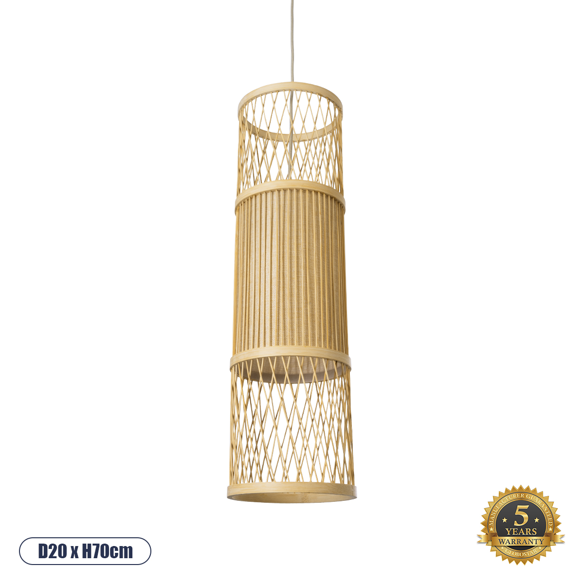 GloboStar® HIBISCUS 01933 Boho Κρεμαστό Φωτιστικό Πλέγμα Μονόφωτο 1 x E27 IP20 Μπεζ Ξύλο - Μ20 x Π20 x Υ70cm