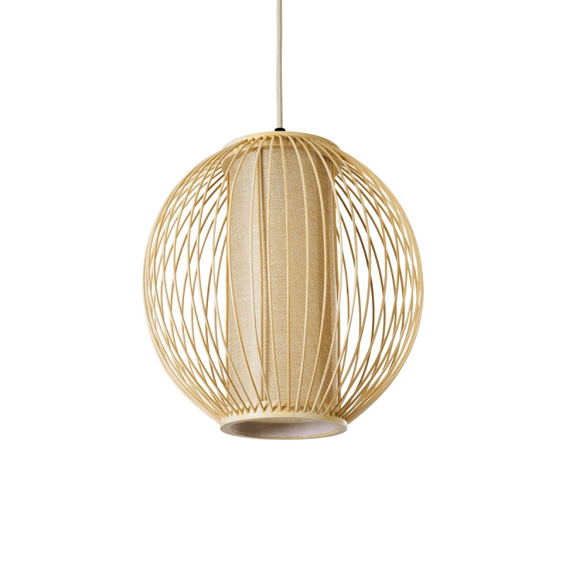 GloboStar® HIBISCUS 01934 Boho Κρεμαστό Φωτιστικό Πλέγμα Μονόφωτο 1 x E27 IP20 Μπεζ Ξύλο - Μ28 x Π28 x Υ28cm
