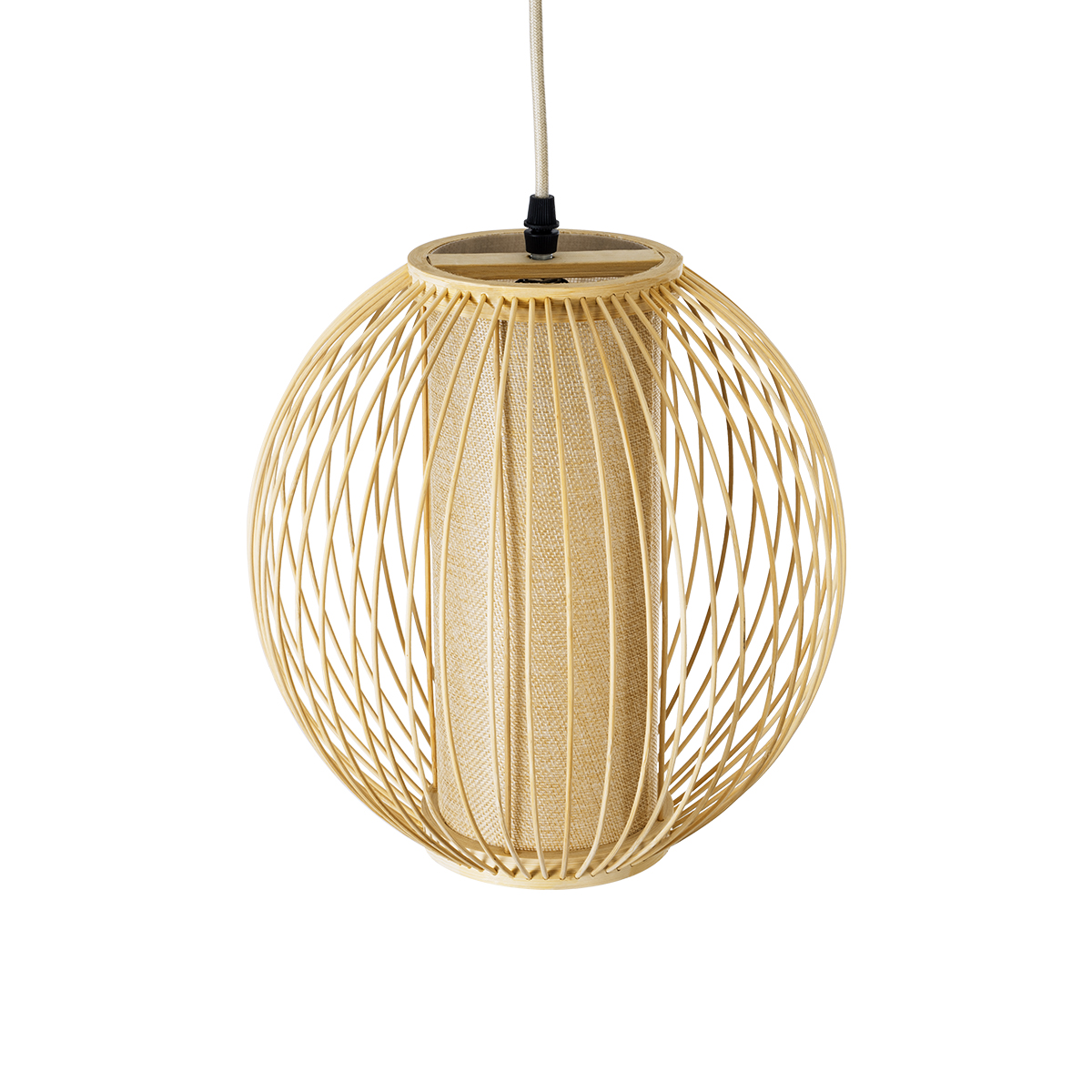GloboStar® HIBISCUS 01934 Boho Κρεμαστό Φωτιστικό Πλέγμα Μονόφωτο 1 x E27 IP20 Μπεζ Ξύλο - Μ28 x Π28 x Υ28cm