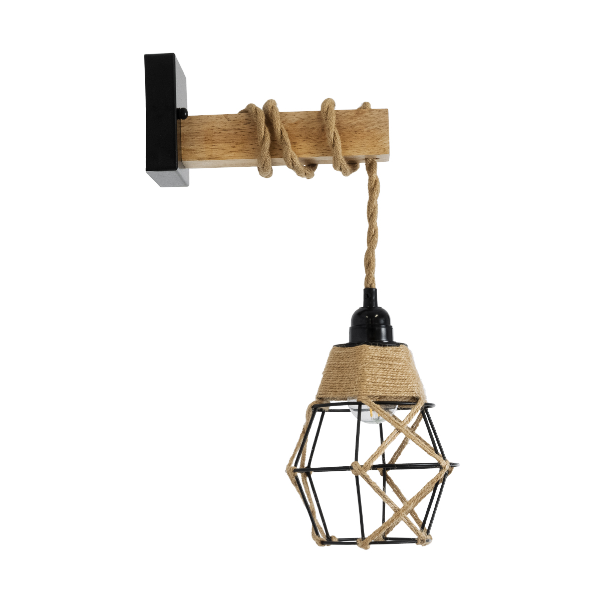 GloboStar® BELLARIVA 01961 Boho Επιτοίχιο Φωτιστικό Απλίκα Μονόφωτο 1 x E27 IP20 Μαύρο Μέταλλο, Μπεζ Σχοινί με Μπεζ Ξύλο - Μ10 x Π30 x Υ43cm