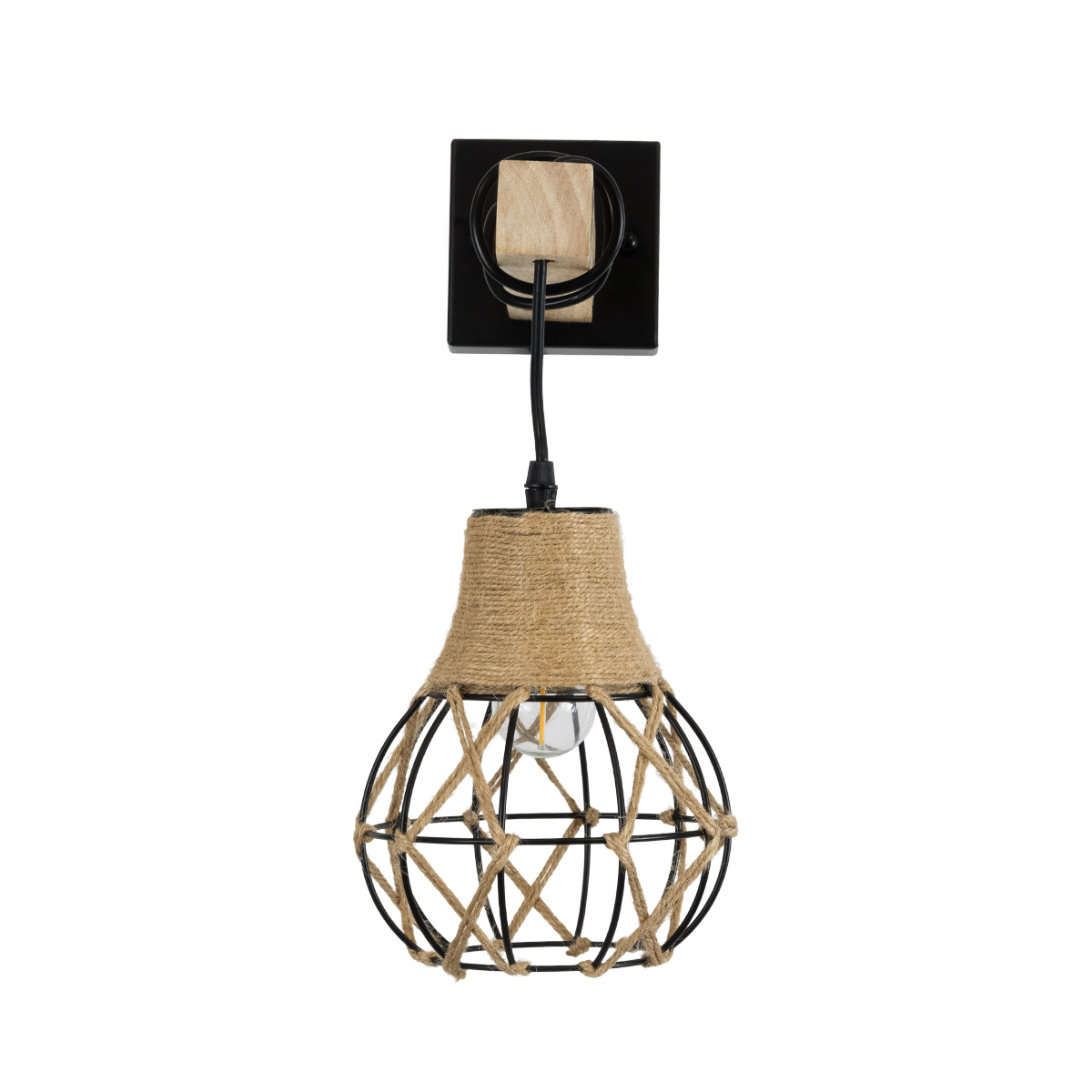 GloboStar® BELLARIVA 01962 Boho Επιτοίχιο Φωτιστικό Απλίκα Μονόφωτο 1 x E27 IP20 Μαύρο Μέταλλο, Μπεζ Σχοινί με Μπεζ Ξύλο - Μ10 x Π26 x Υ40cm