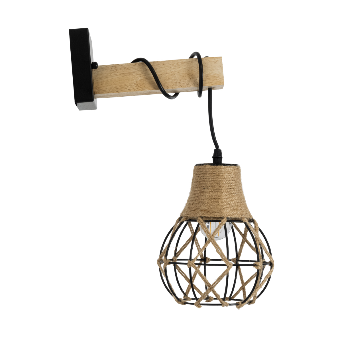 GloboStar® BELLARIVA 01962 Boho Επιτοίχιο Φωτιστικό Απλίκα Μονόφωτο 1 x E27 IP20 Μαύρο Μέταλλο, Μπεζ Σχοινί με Μπεζ Ξύλο - Μ10 x Π26 x Υ40cm
