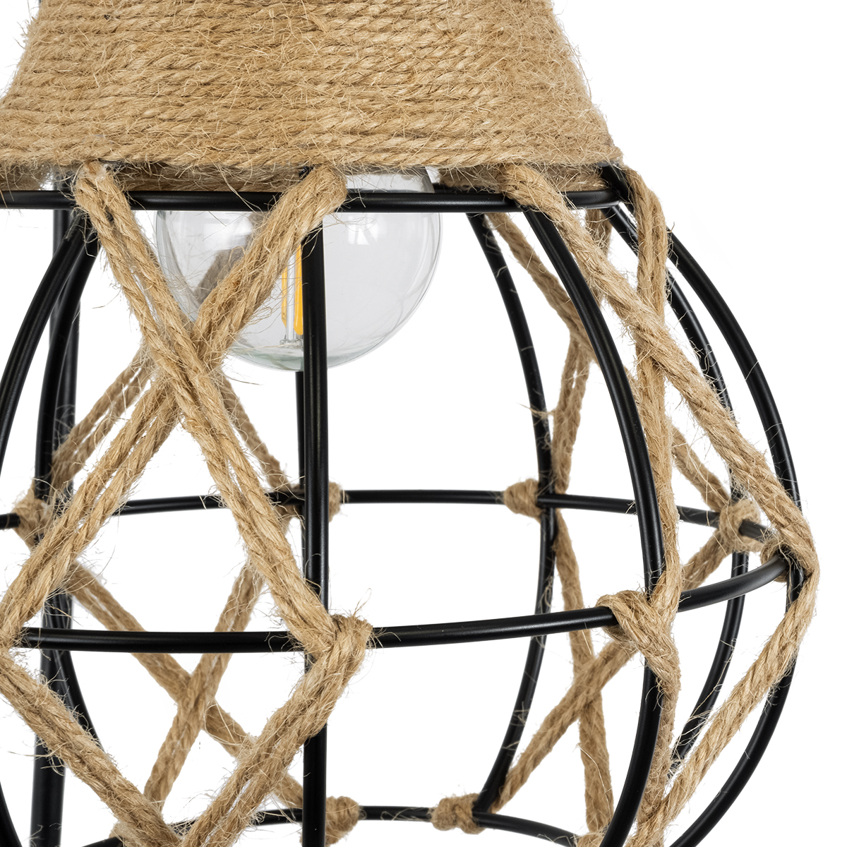 GloboStar® BELLARIVA 01962 Boho Επιτοίχιο Φωτιστικό Απλίκα Μονόφωτο 1 x E27 IP20 Μαύρο Μέταλλο, Μπεζ Σχοινί με Μπεζ Ξύλο - Μ10 x Π26 x Υ40cm