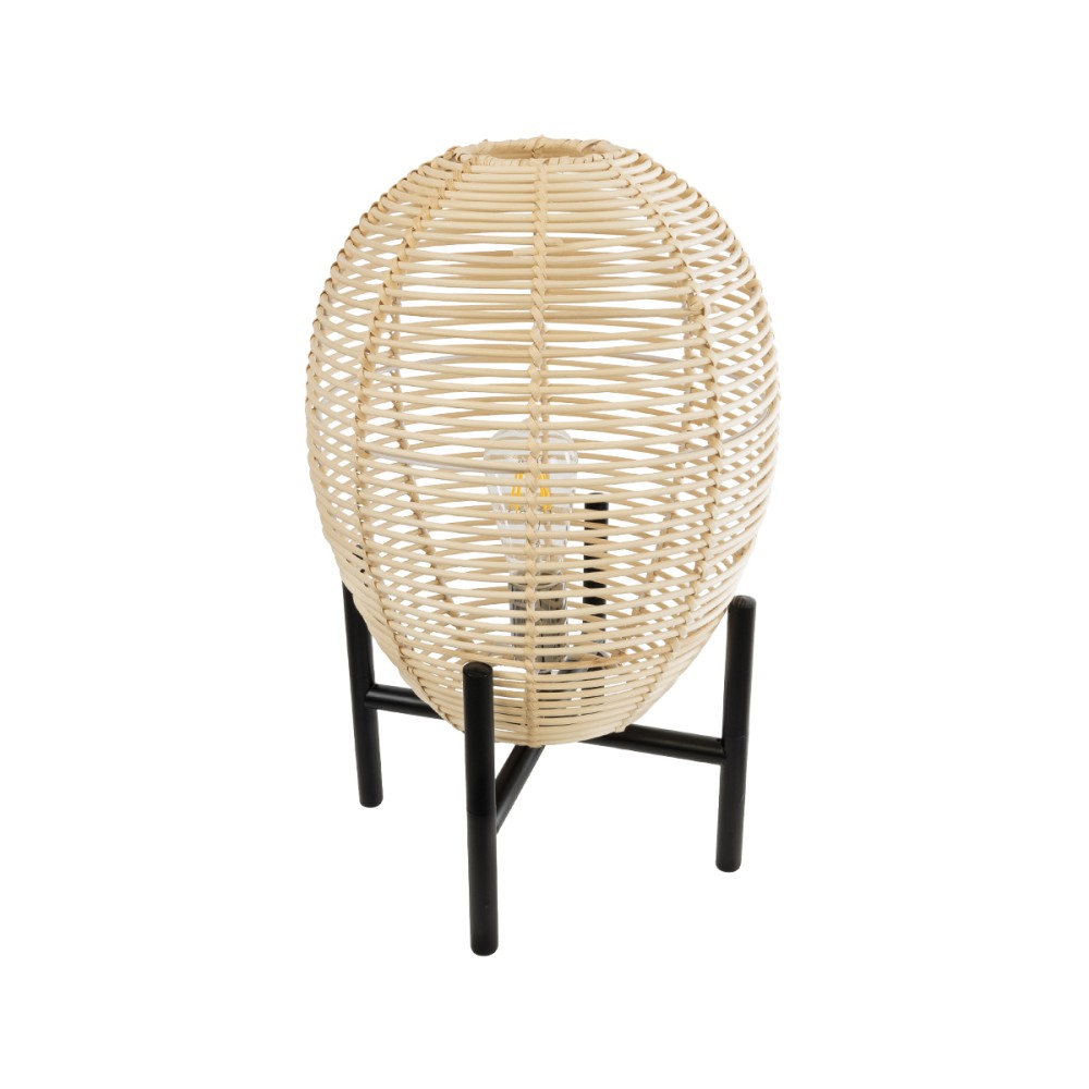 GloboStar® NERINA 02014 Boho Επιτραπέζιο Φωτιστικό Πορτατίφ Μονόφωτο 1 x E27 IP20 Μαύρο Μέταλλο με Μπεζ Ξύλο - Μ30 x Π30 x Υ50cm