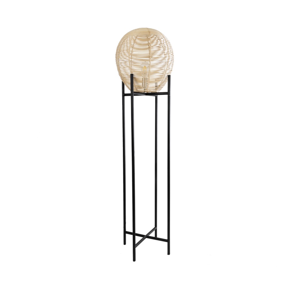 GloboStar® NERINA 02016 Boho Επιδαπέδιο Φωτιστικό Μονόφωτο 1 x E27 IP20 Μαύρο Μέταλλο με Μπεζ Ξύλο - Μ40 x Π40 x Υ160cm