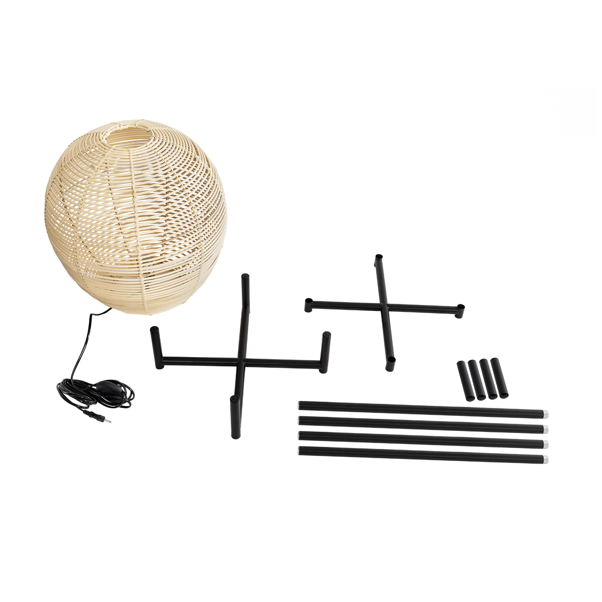 GloboStar® NERINA 02016 Boho Επιδαπέδιο Φωτιστικό Μονόφωτο 1 x E27 IP20 Μαύρο Μέταλλο με Μπεζ Ξύλο - Μ40 x Π40 x Υ160cm