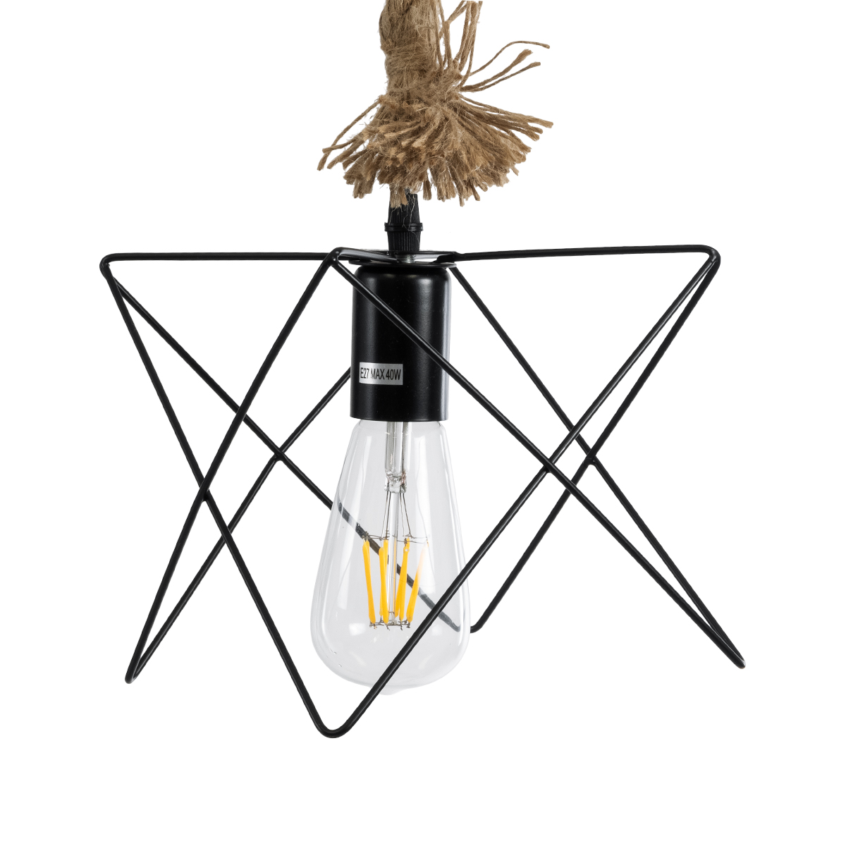 GloboStar® KAZEMI 02018 Μοντέρνο Κρεμαστό Φωτιστικό Πλέγμα Μονόφωτο 1 x E27 IP20 Μαύρο Μέταλλο με Μπεζ Σχοινί - Μ18 x Π18 x Υ17cm