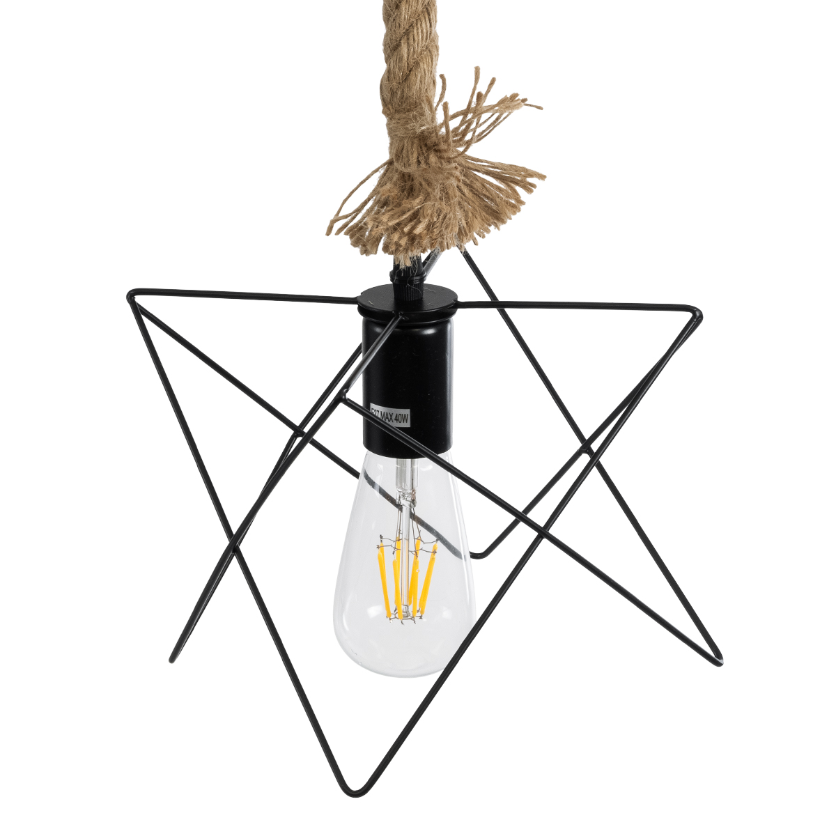 GloboStar® KAZEMI 02018 Μοντέρνο Κρεμαστό Φωτιστικό Πλέγμα Μονόφωτο 1 x E27 IP20 Μαύρο Μέταλλο με Μπεζ Σχοινί - Μ18 x Π18 x Υ17cm